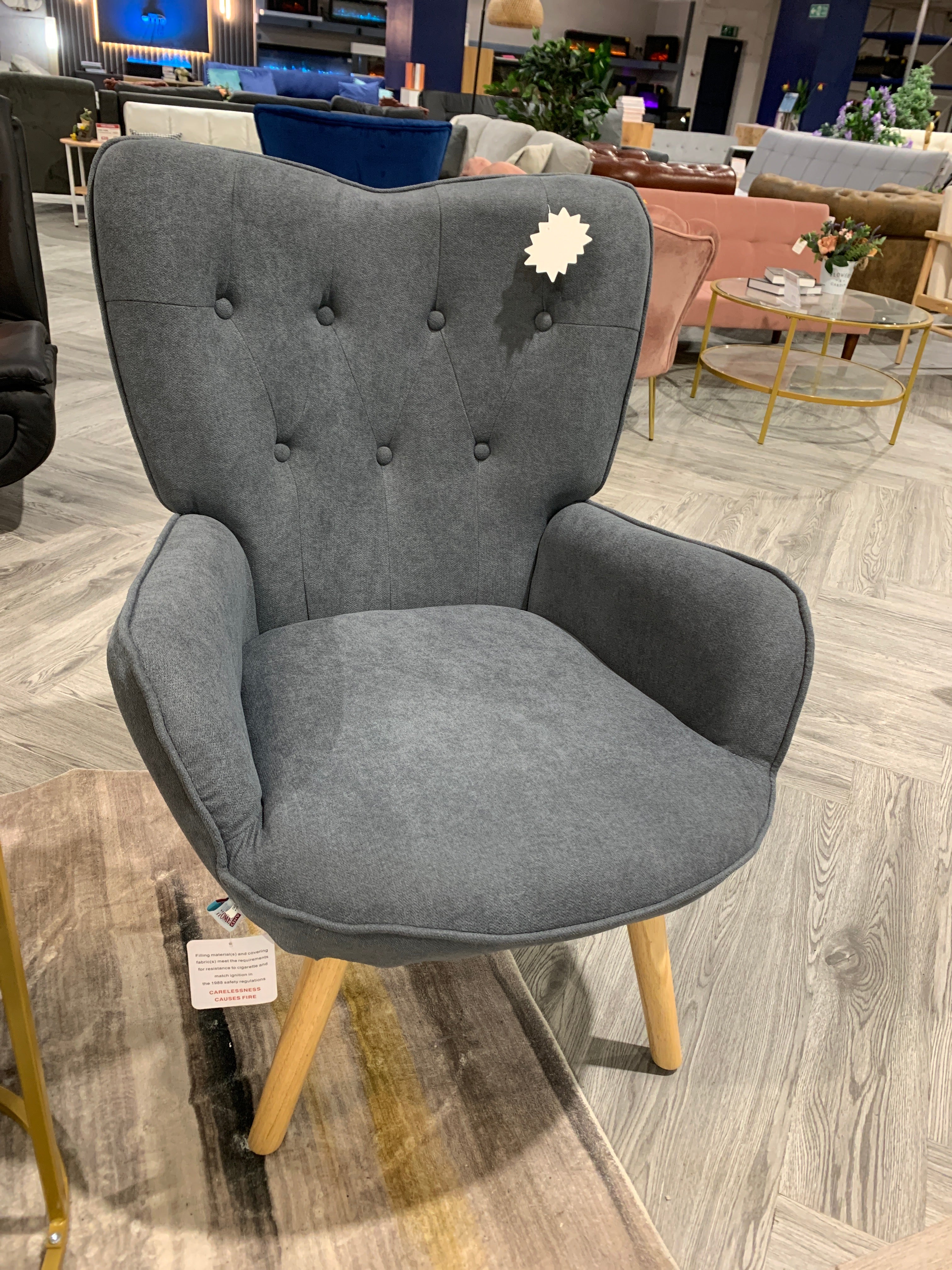 Grey Buttoned Linen Armchair with Wooden Legs