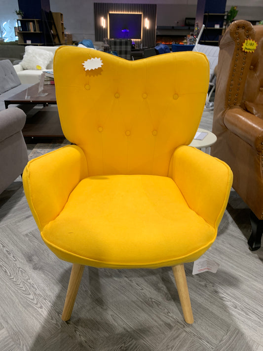 Yellow Buttoned Linen Armchair with Wooden Legs