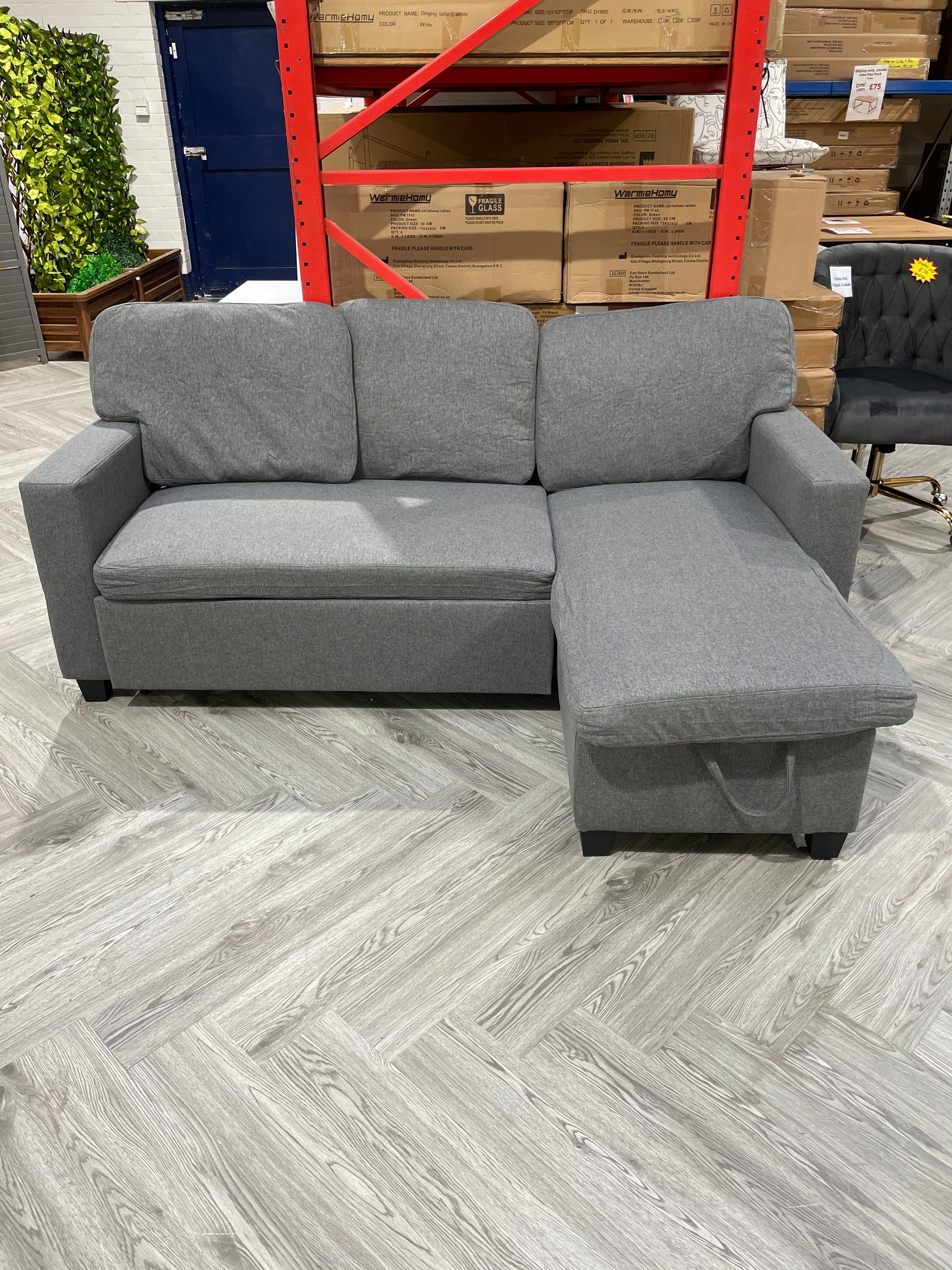 Linen L Shaped Corner Sofa Bed 3 Seater Sofa with Storage and Armrest Shelf Grey