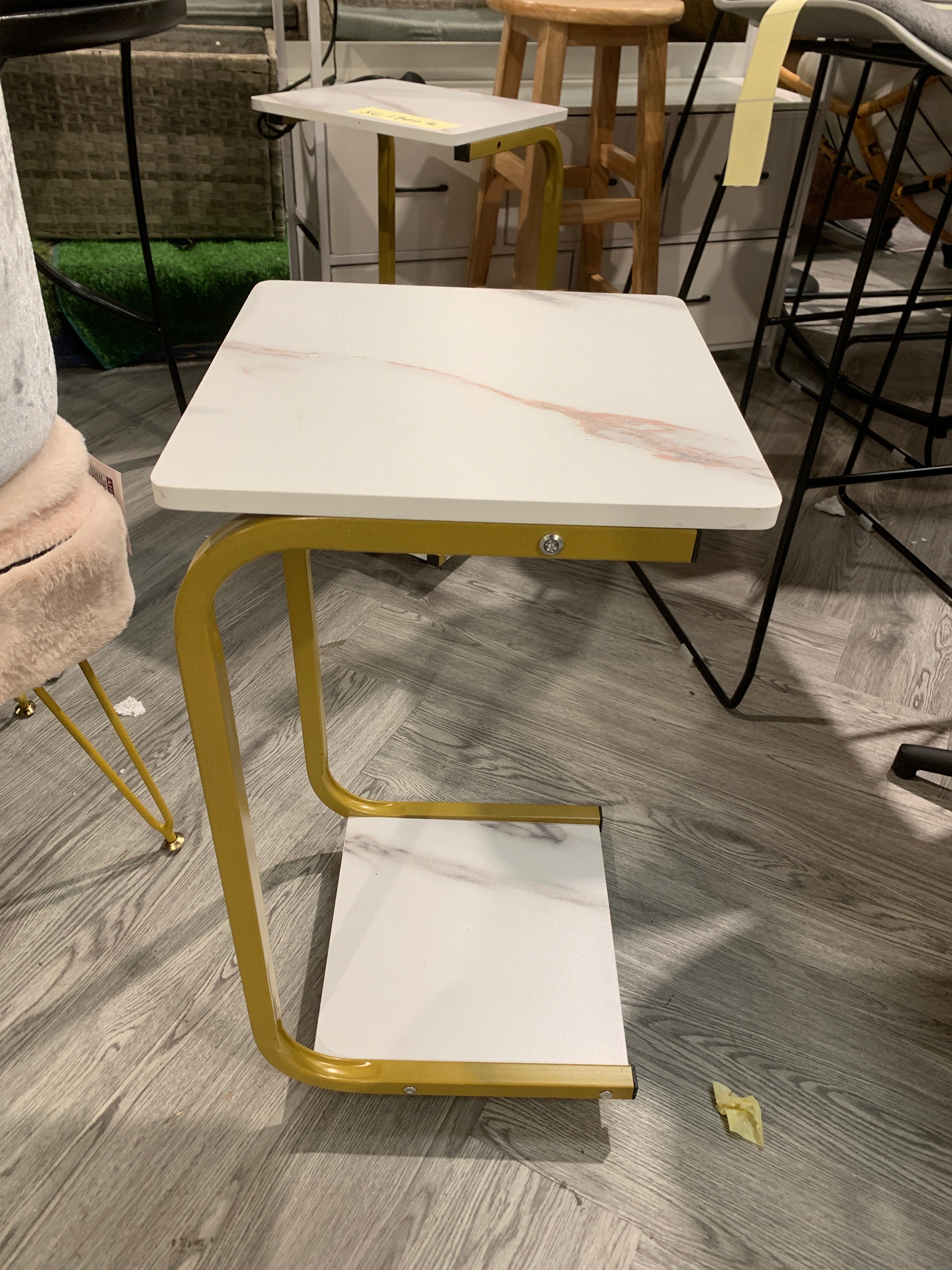 C Shaped Side Table with Marble Effect Top and Wheels White