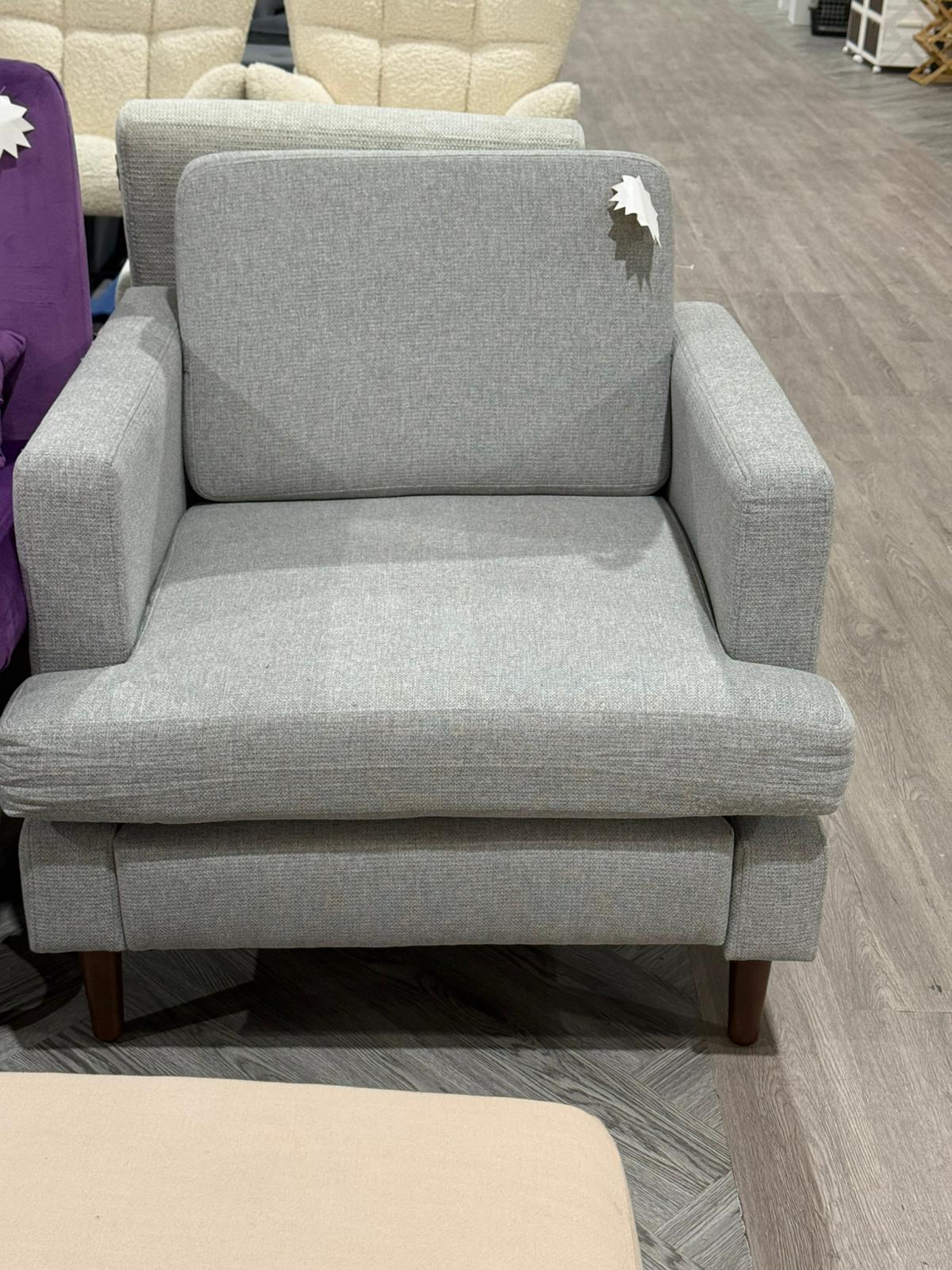 Mid Century Linen Single Sofa Armchair with Walnut Legs Grey