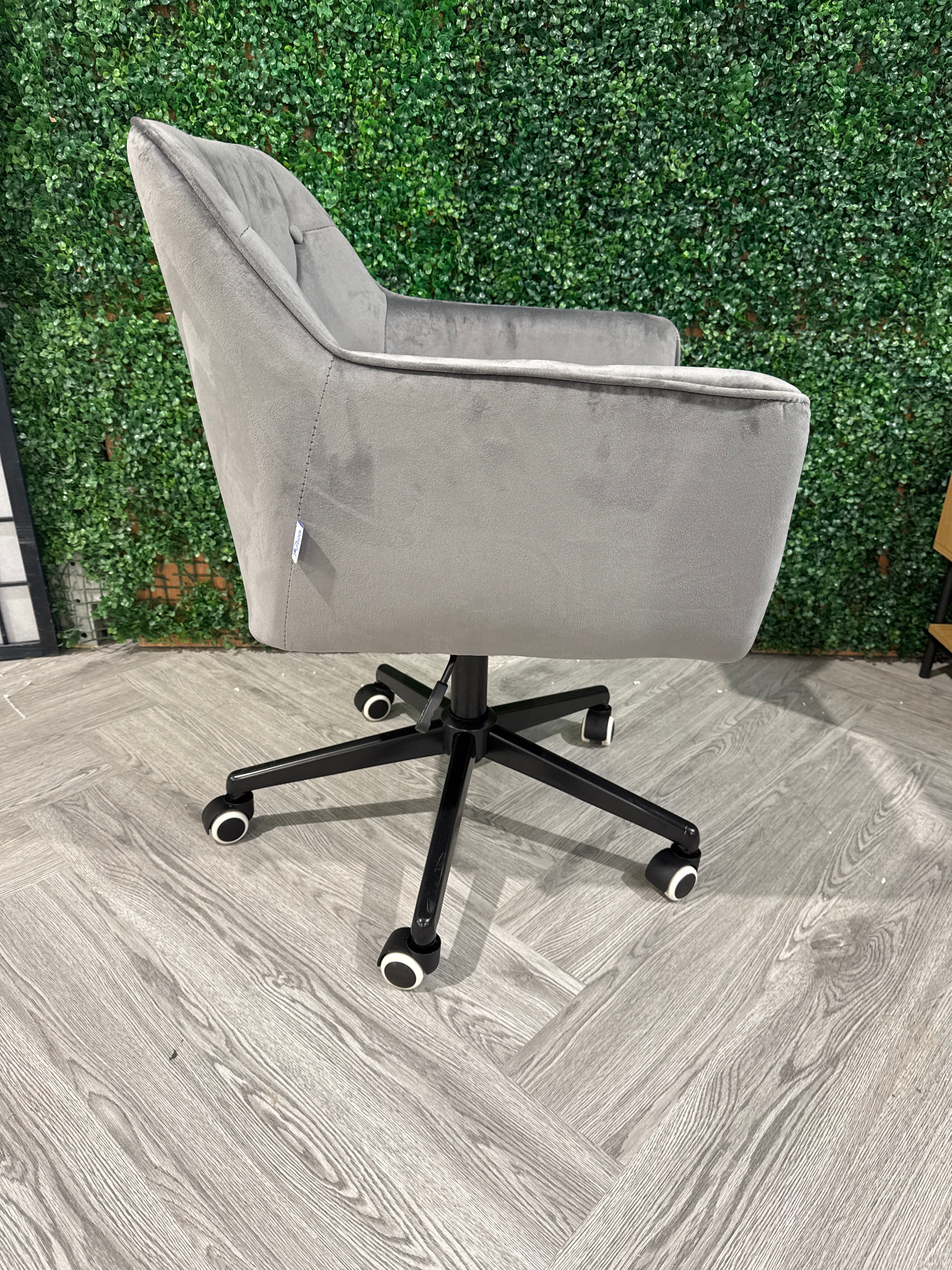 Grey Buttoned Swivel Office Chair with Armrest