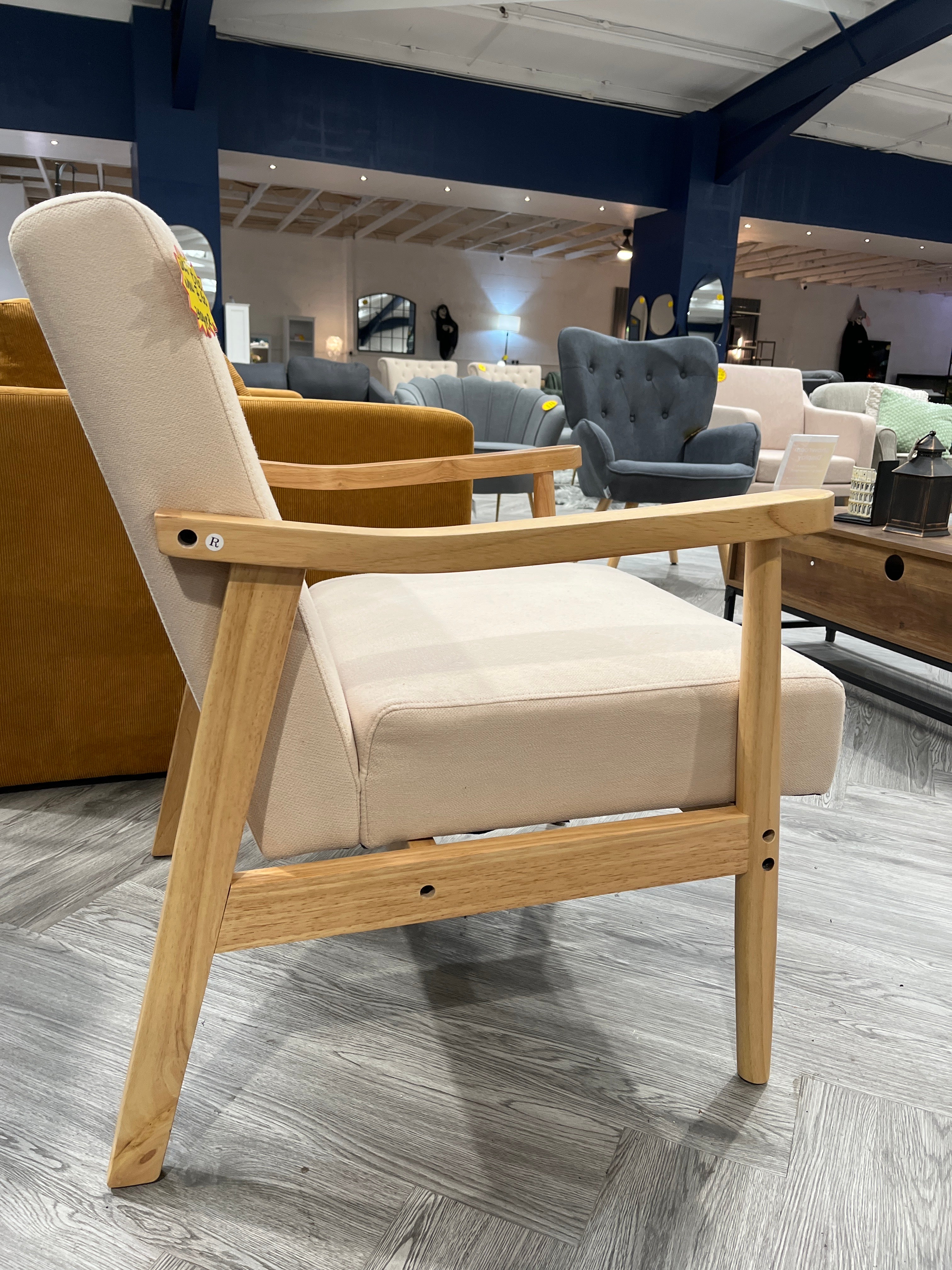 Beige Modern Wood Frame Upholstered Armchair