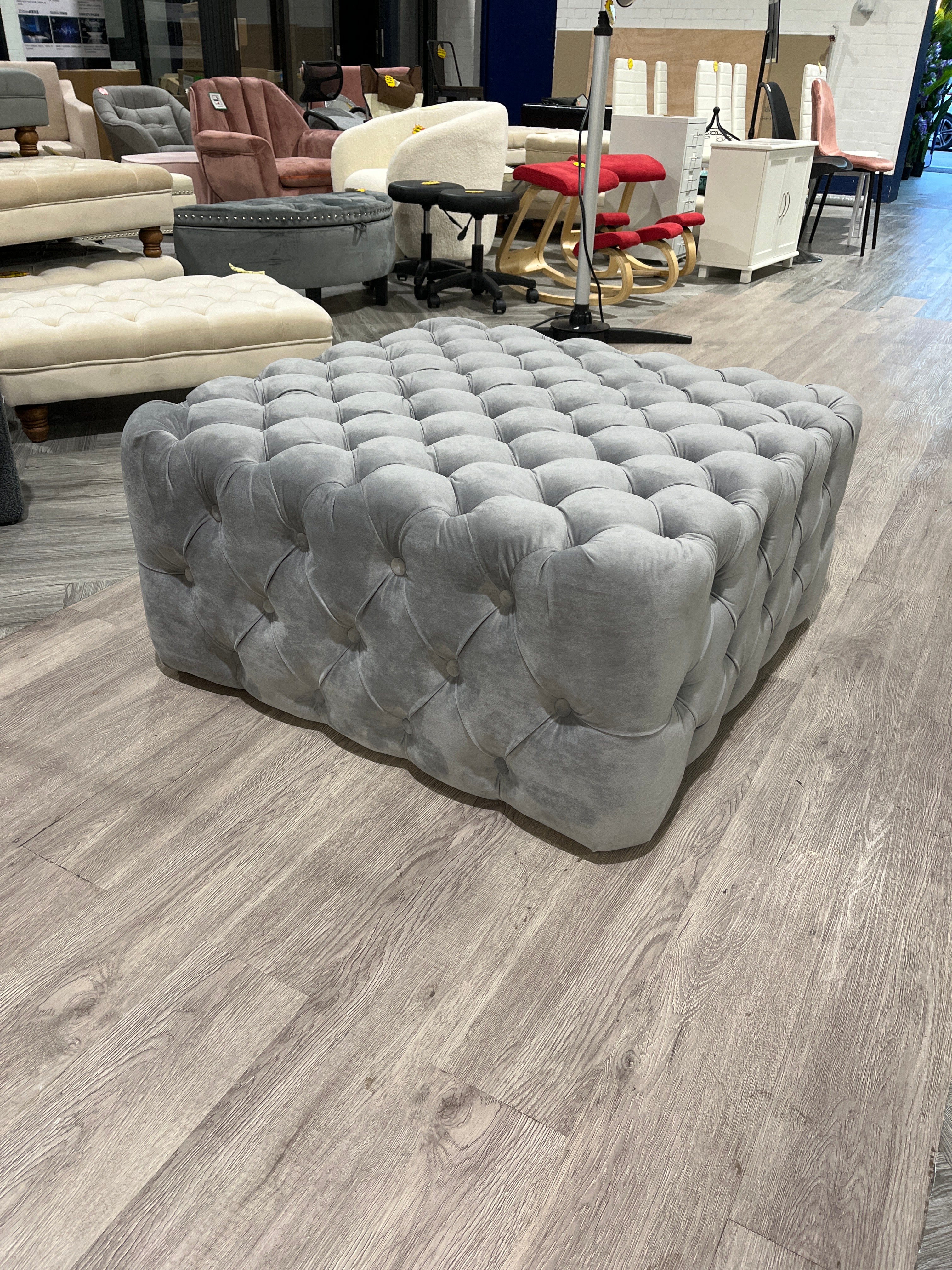 Grey Super-Soft Square Velvet Buttoned Pouf