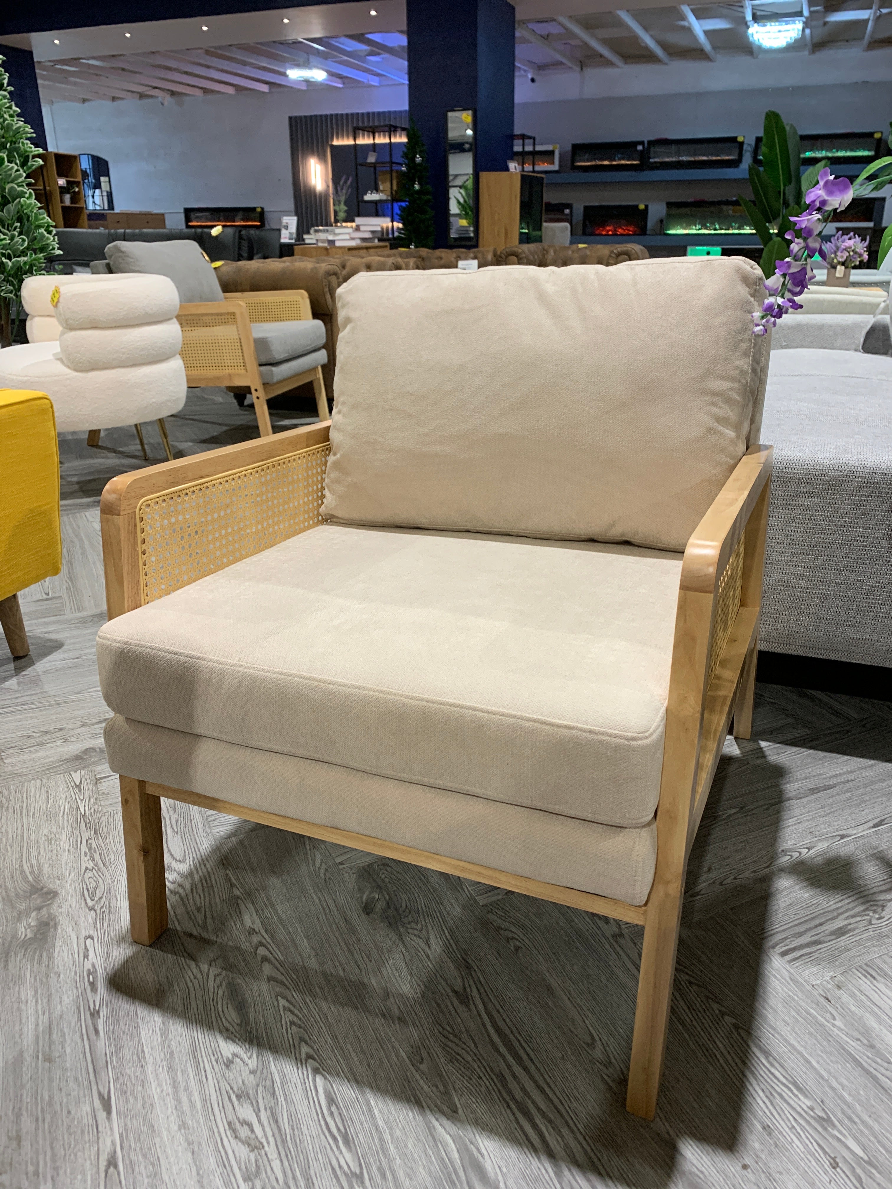 Beige Cushioned Wood Armchair