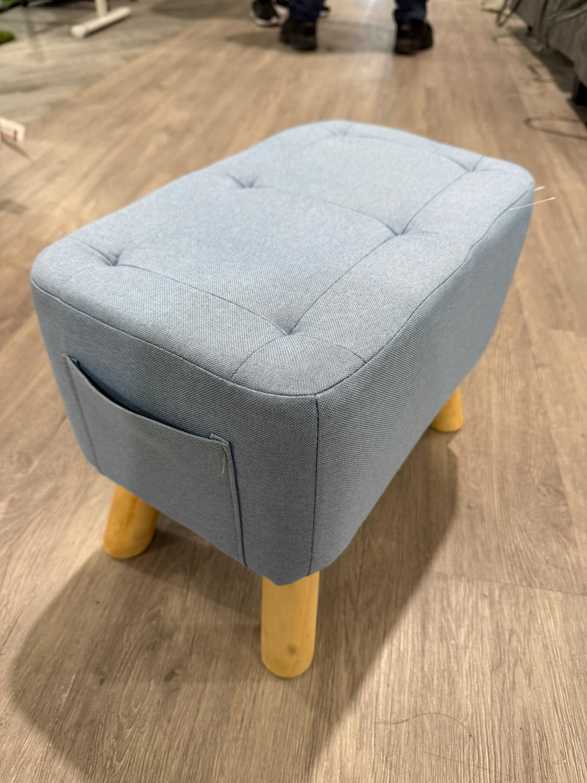 Linen Upholstered Ottoman Footstool with Pocket and Wooden Legs Blue