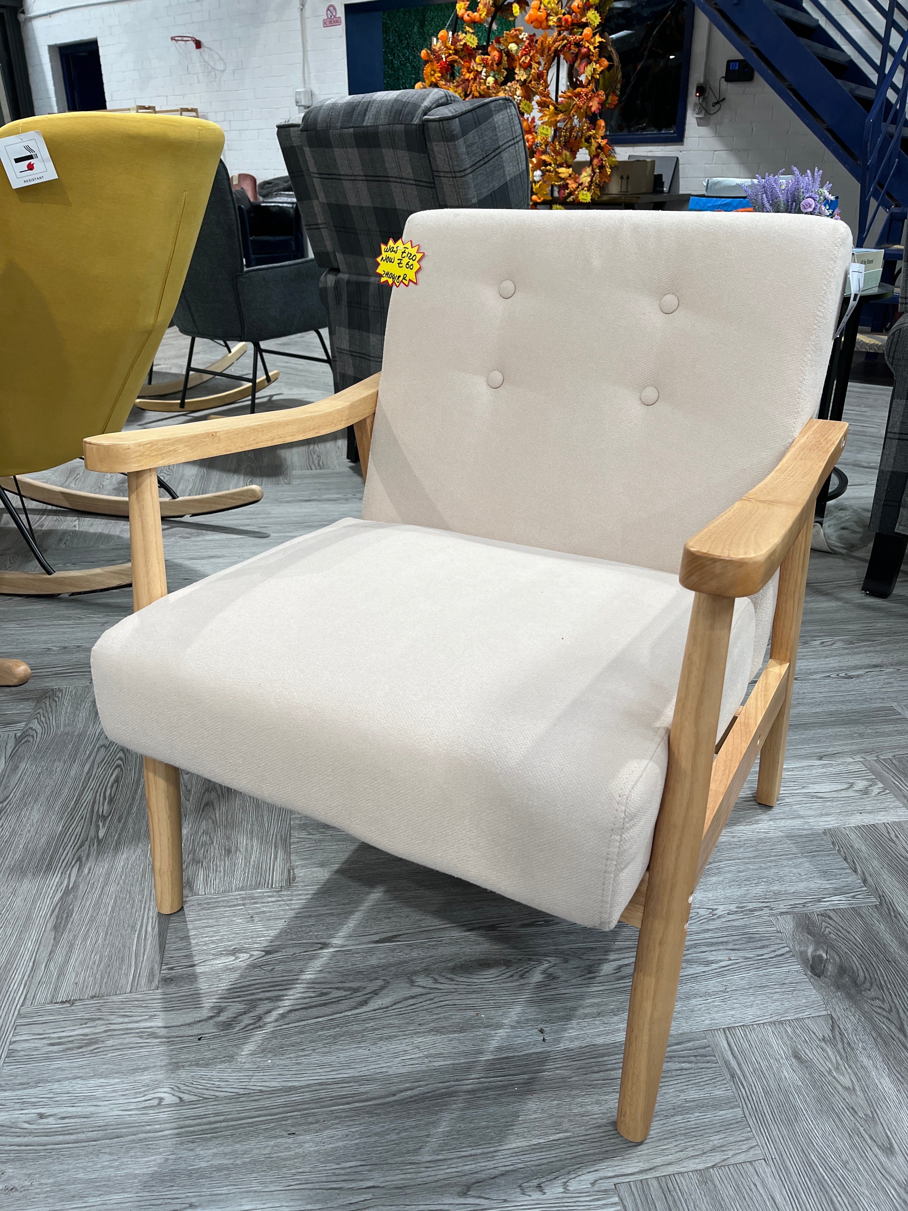 Beige Modern Wood Frame Upholstered Armchair