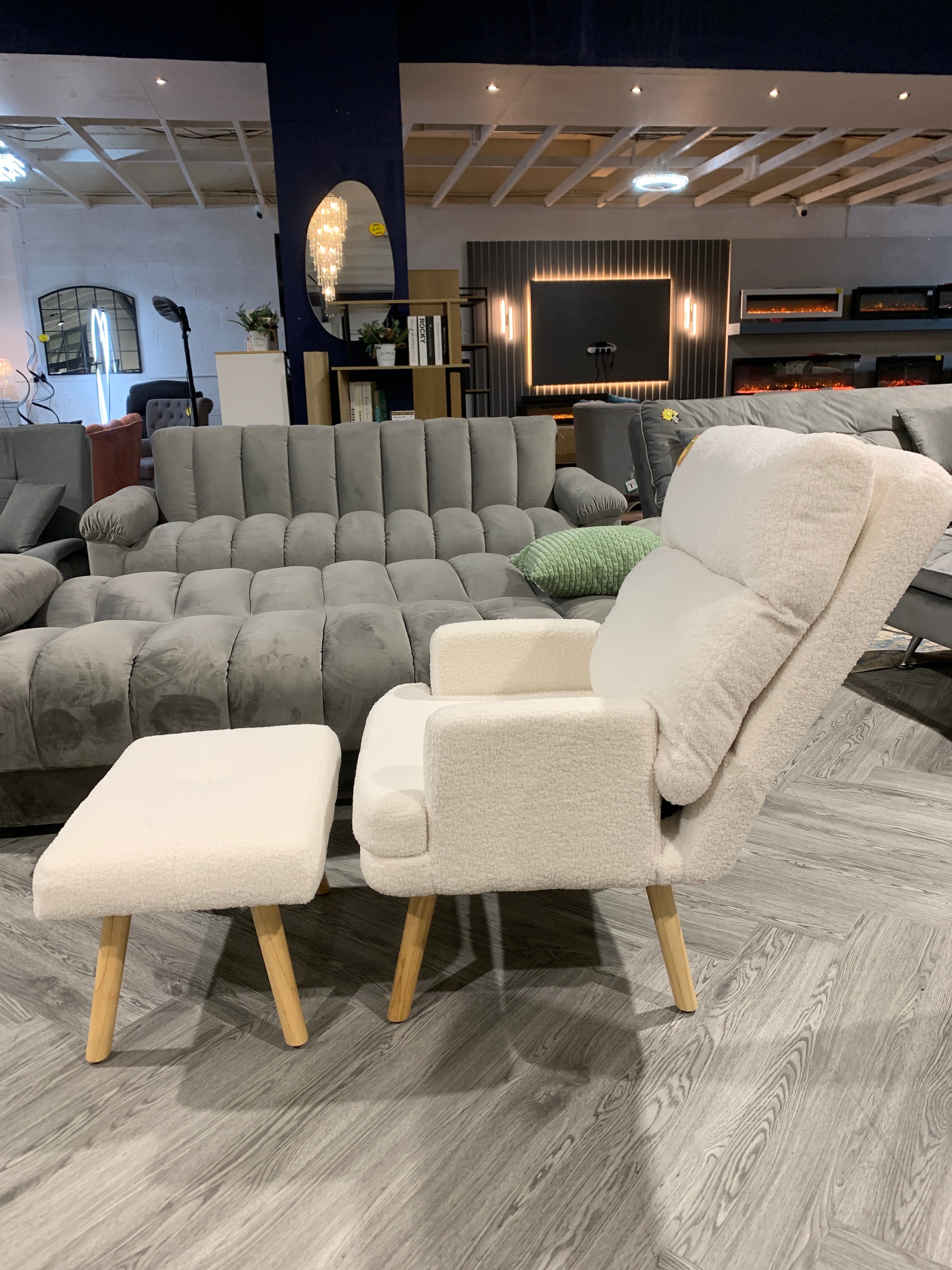 White Sherpa Lounge Chair with Footstool