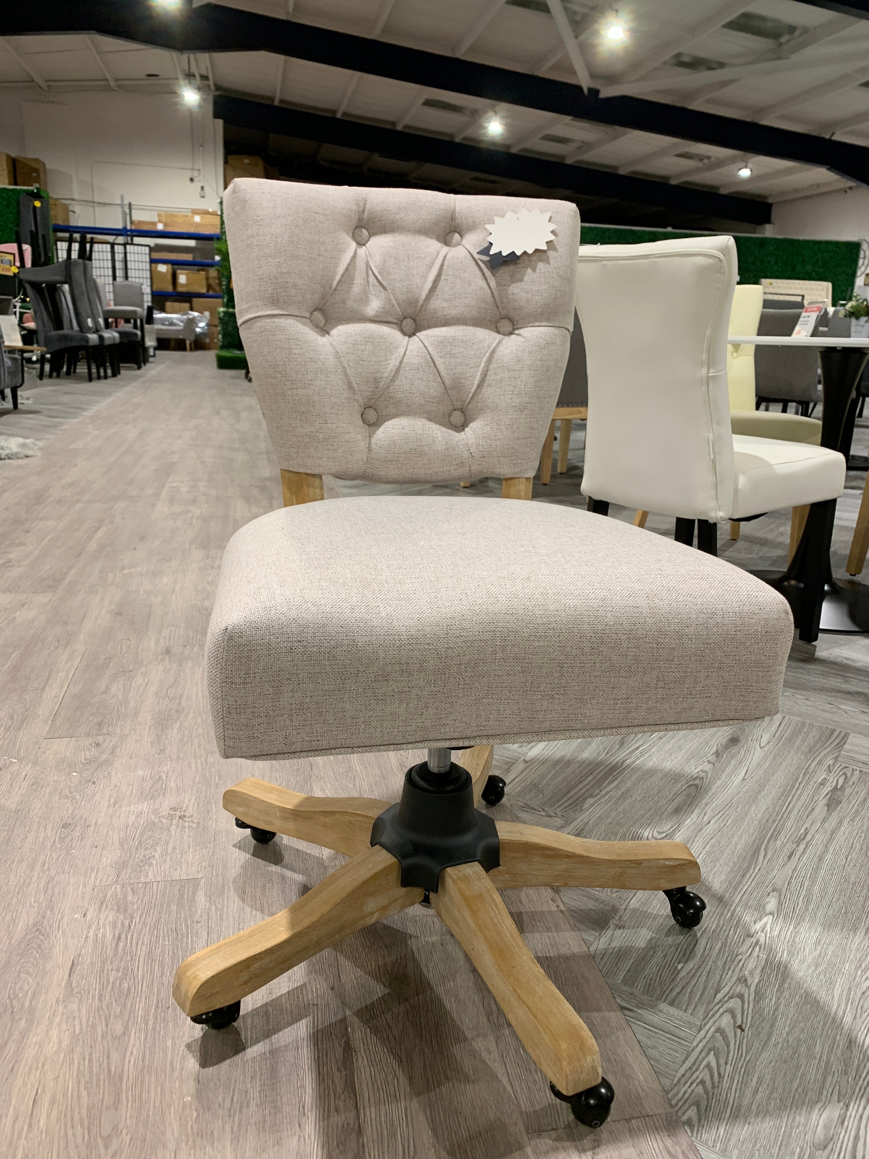 Cream Buttoned Linen Swivel Office Chair with Wooden Base