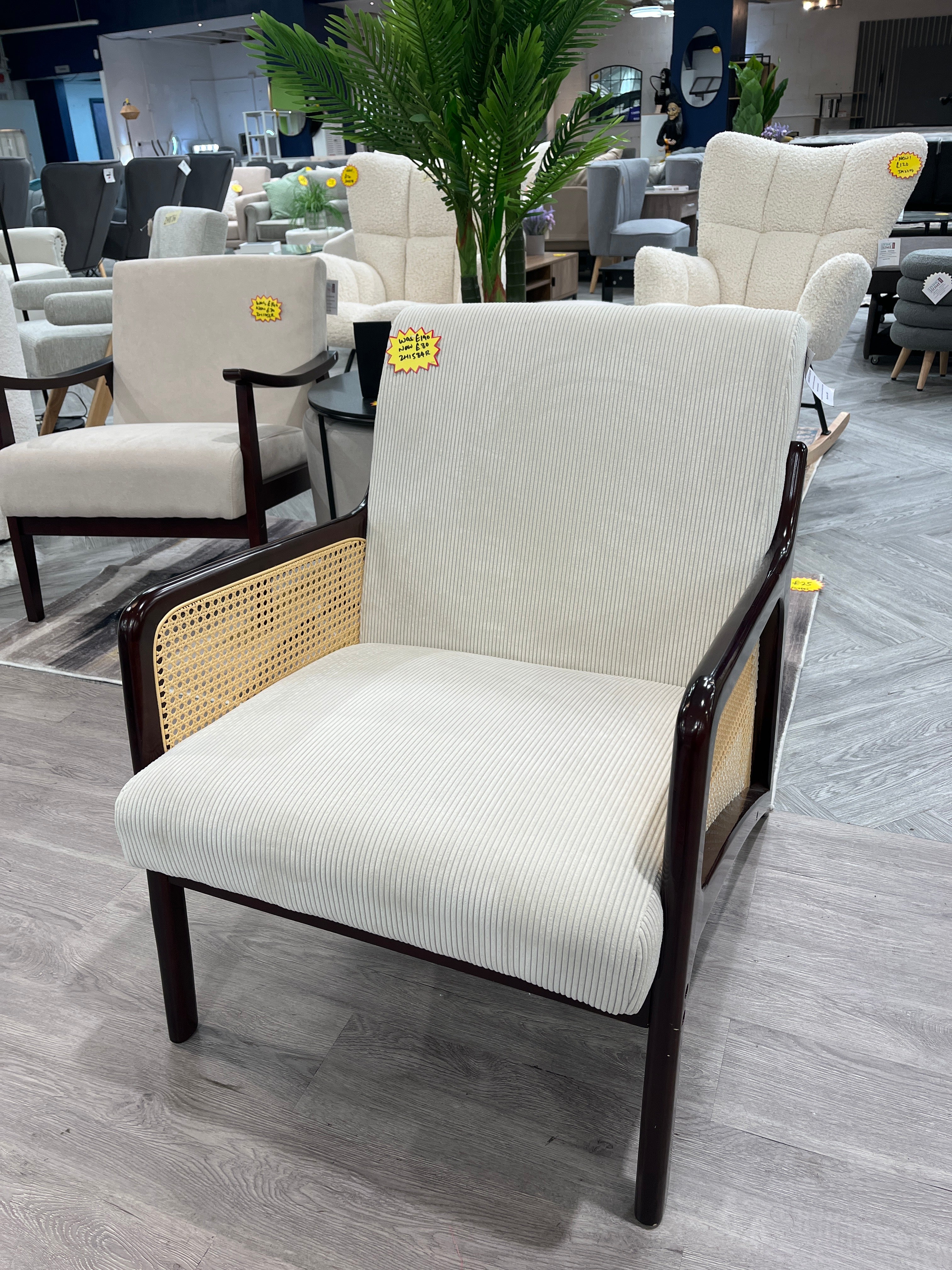 Beige Corduroy Armchair with Rattan Armrest