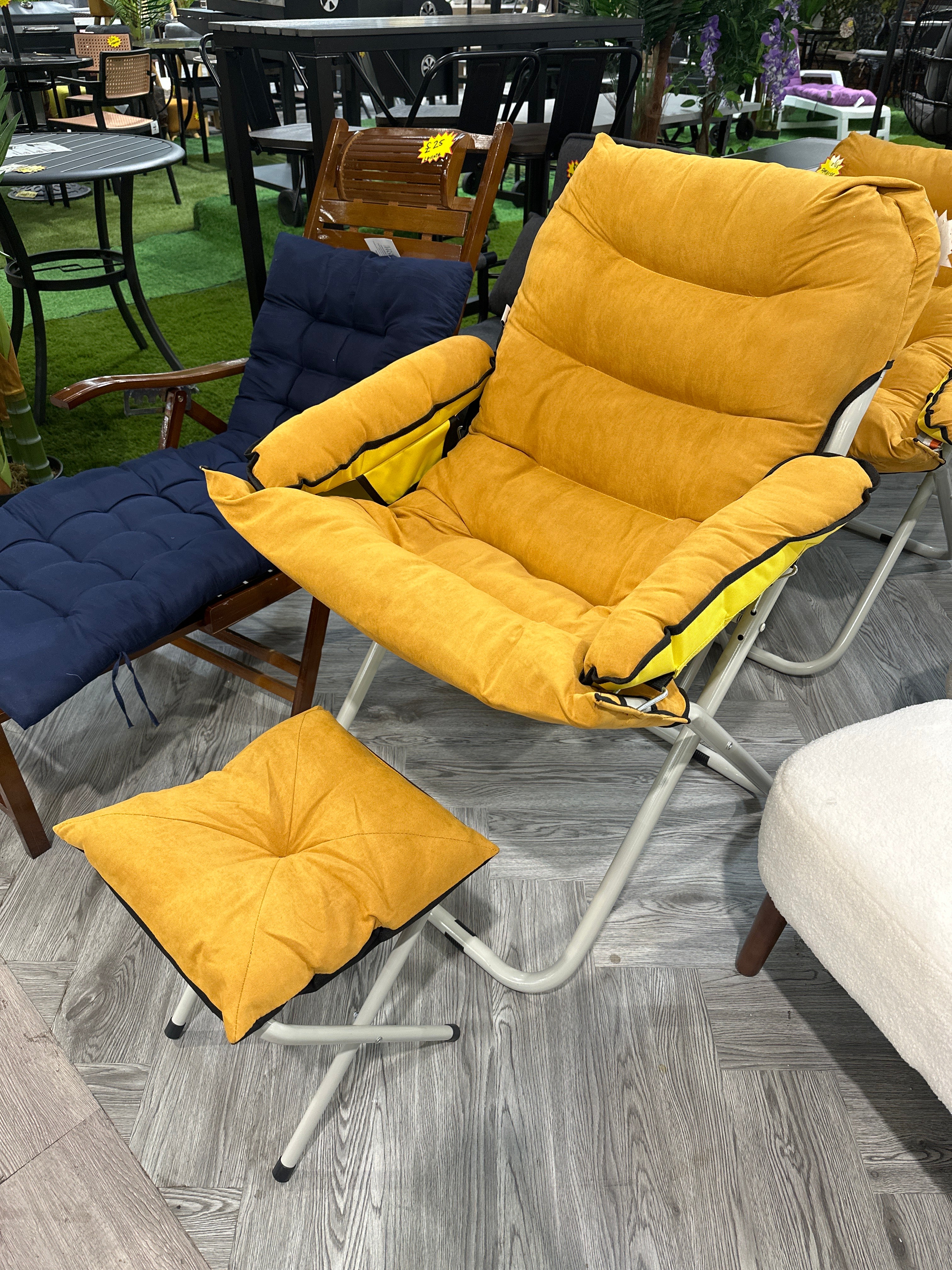 Yellow Outdoor Foldable Garden Chair with Footstool