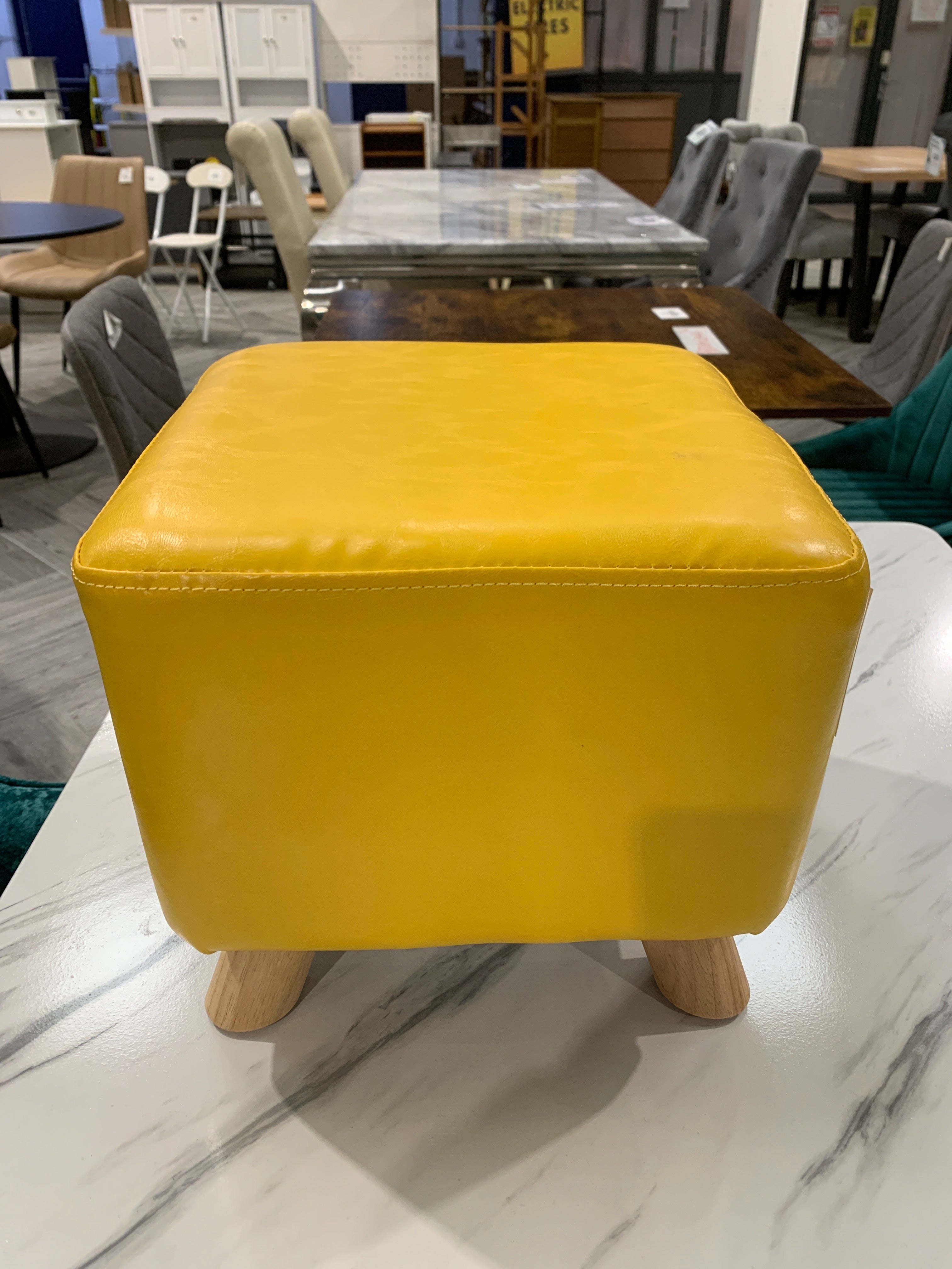 PU Leather Square Footstool with Wooden Legs Yellow