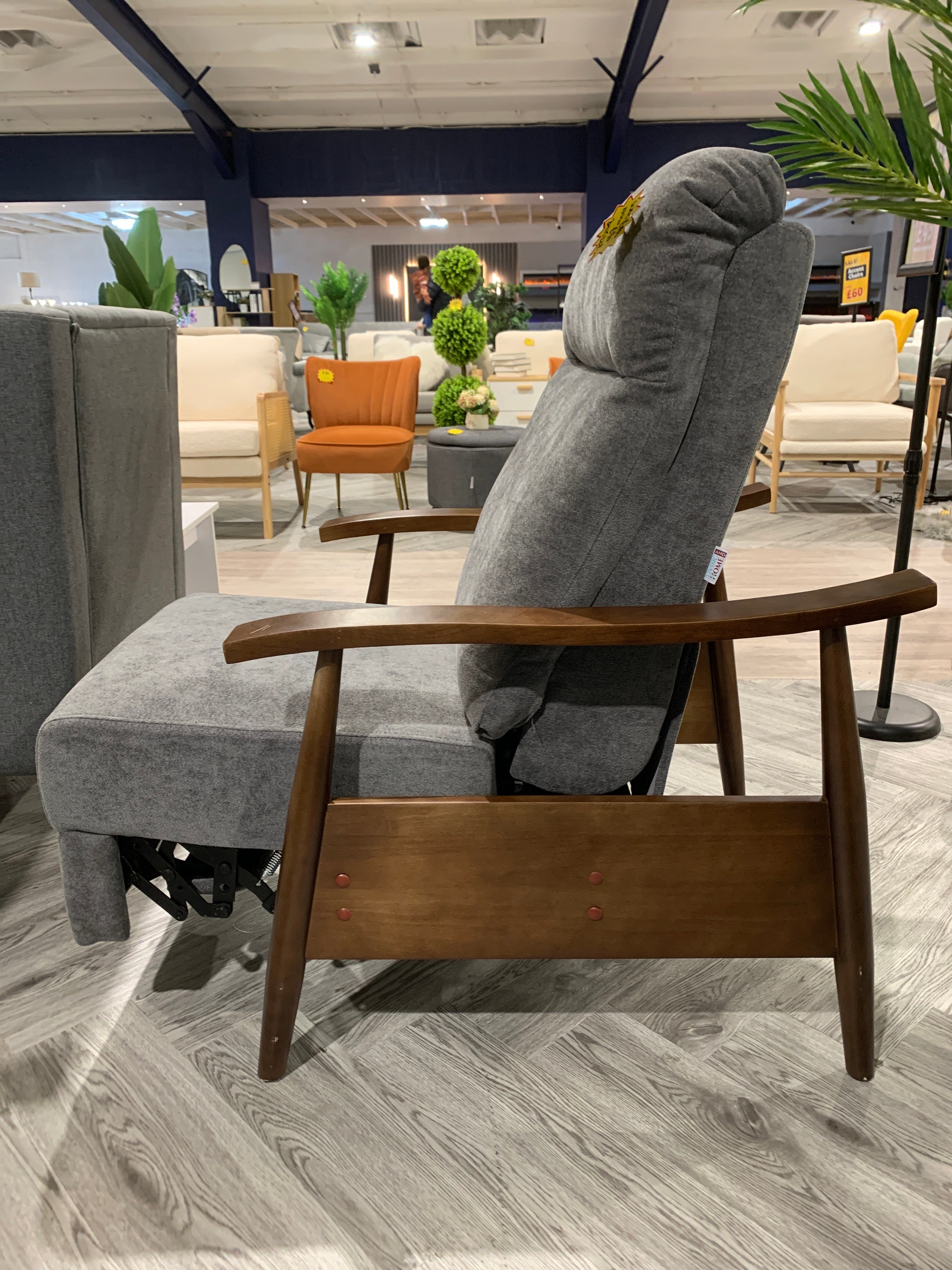 Grey Manual Recliner Armchair with Wooden Armrest