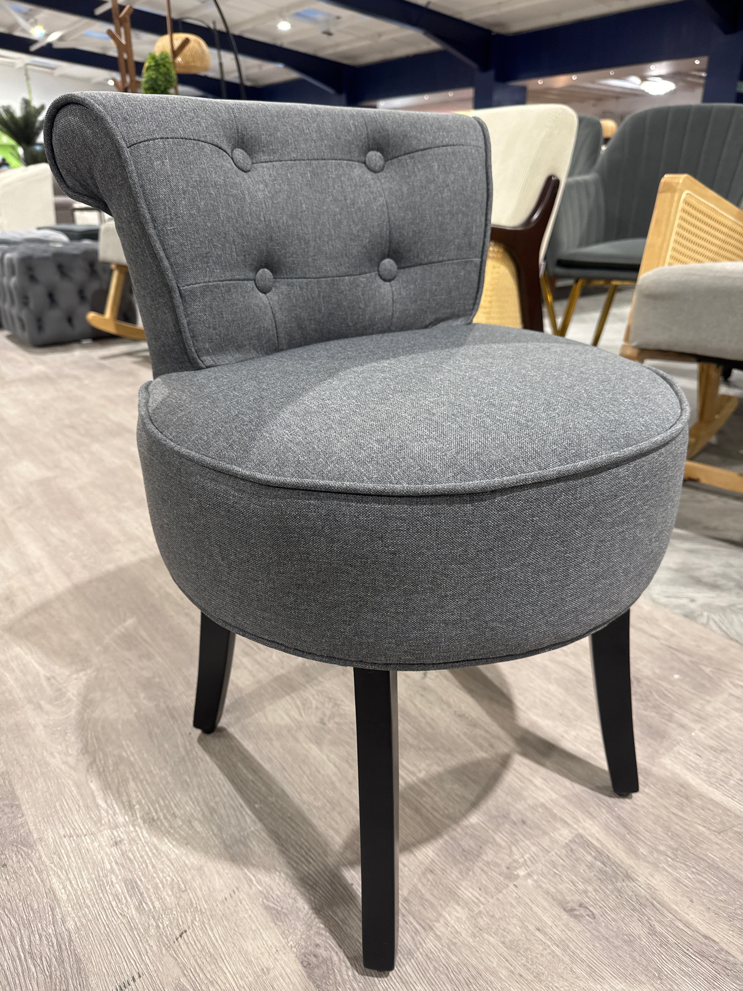 Grey Linen Buttoned Stool for Dressing Table