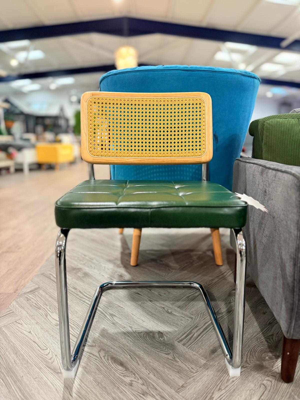 Vintage Rattan Back Dark Green PU Leather Cushion Dining Chairs 1Pc