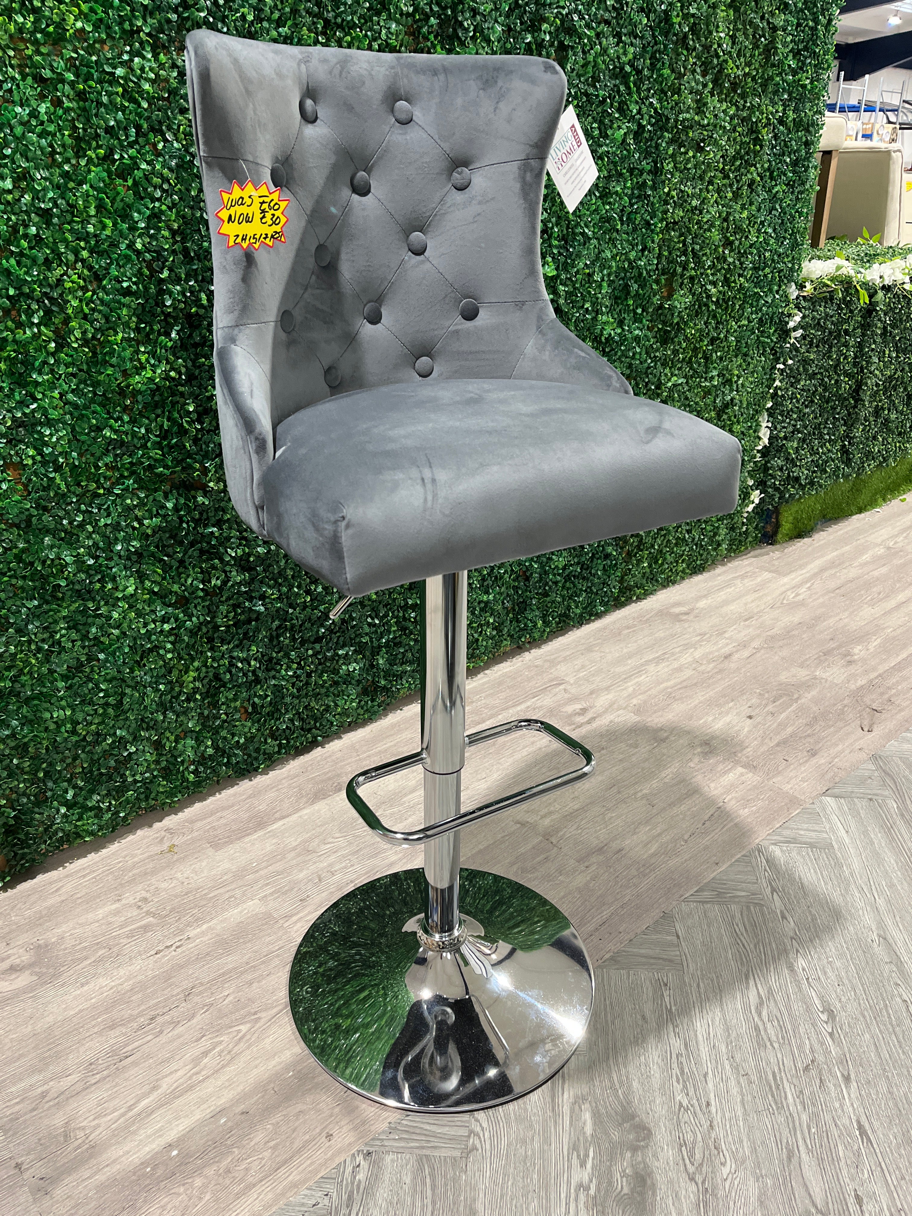 Grey Swivel Lift Bar Chair Velvet Buttoned with Footrest