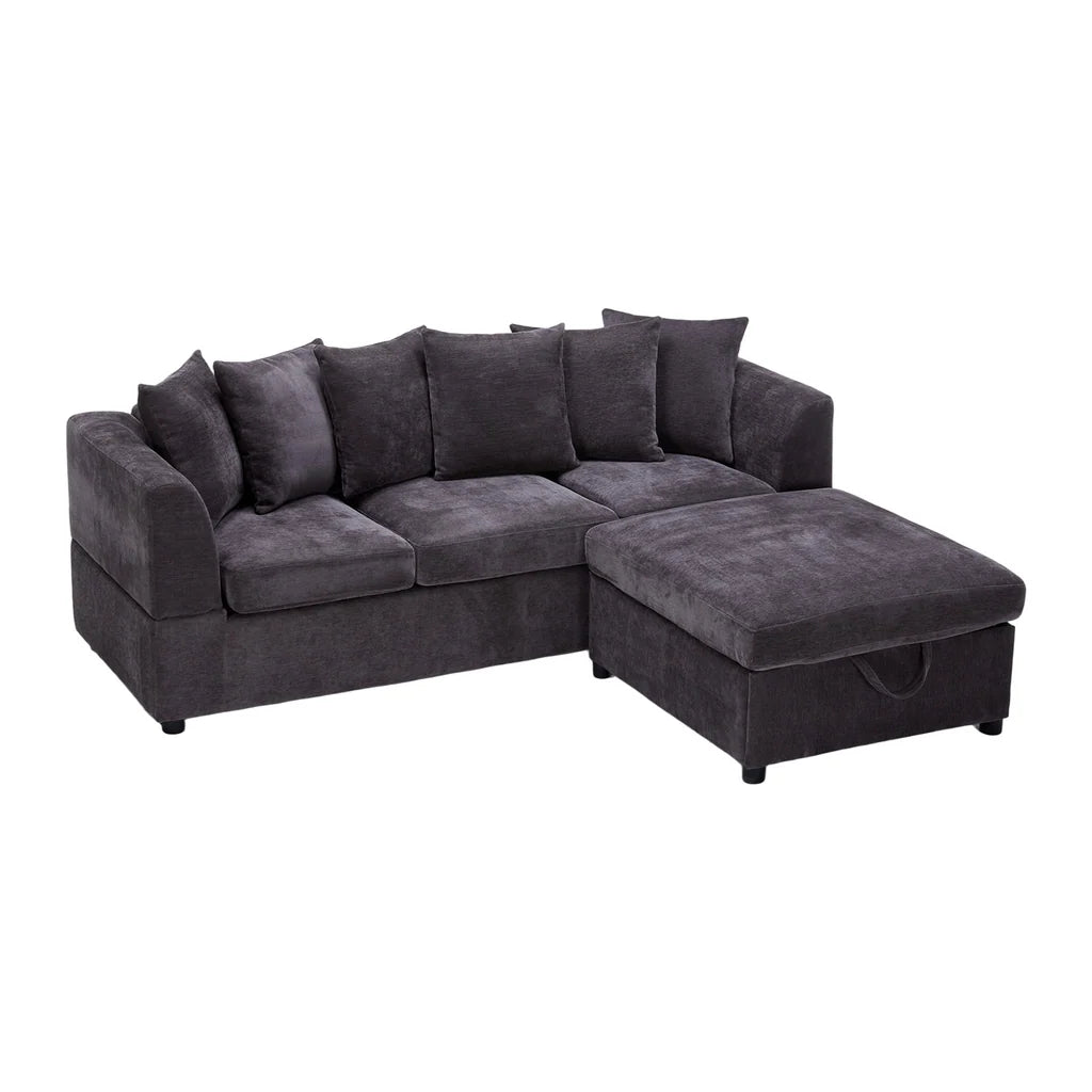 New Chenille Upholstered 3 Seater Sectional Sofa with Storage Ottoman & 6 Pillows Grey