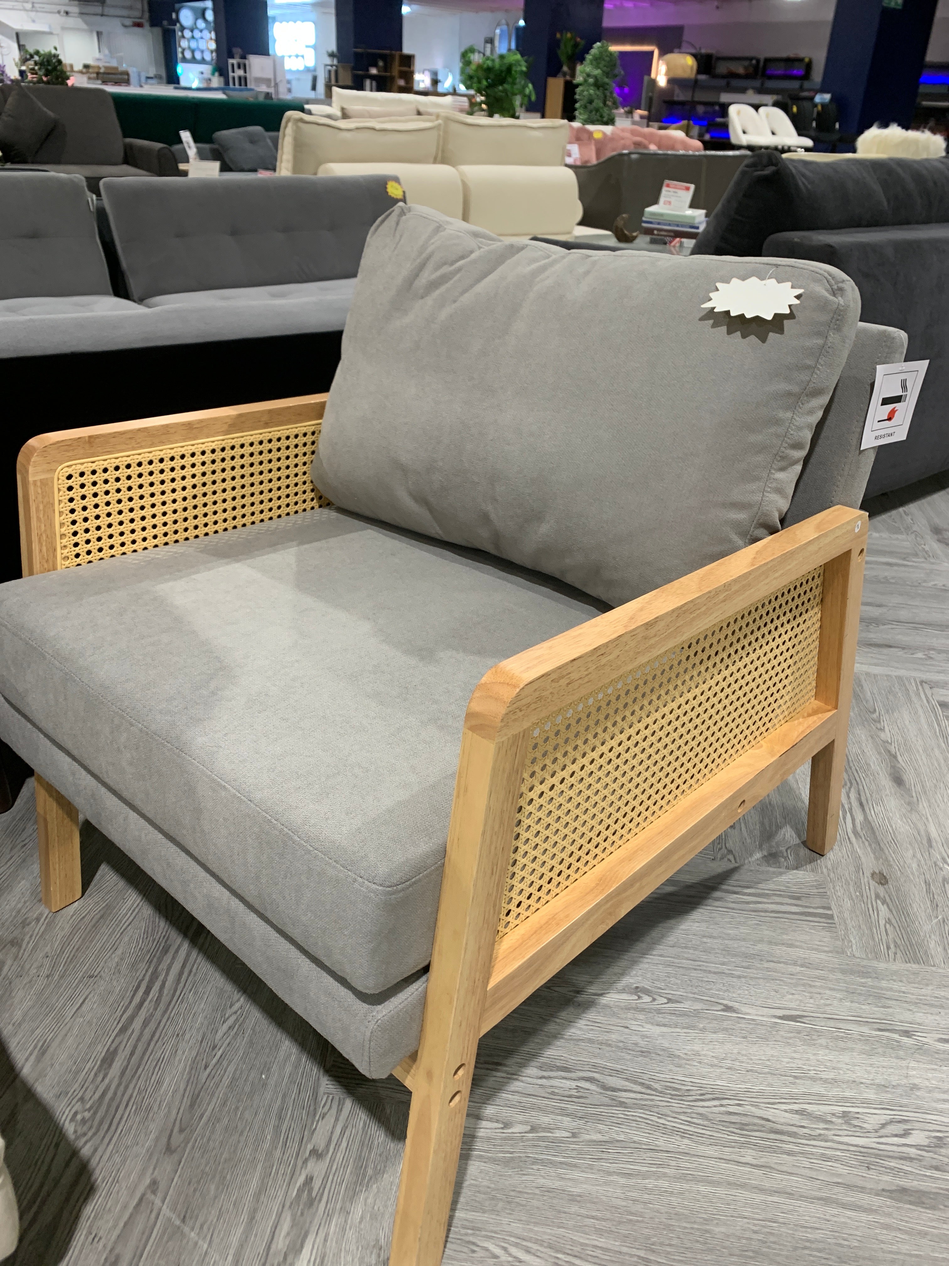 Grey Cushioned Wooden Armchair