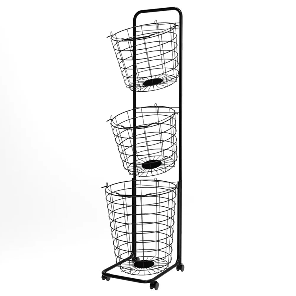 New 3 Tier Iron Rolling Laundry Basket with Wheels Black