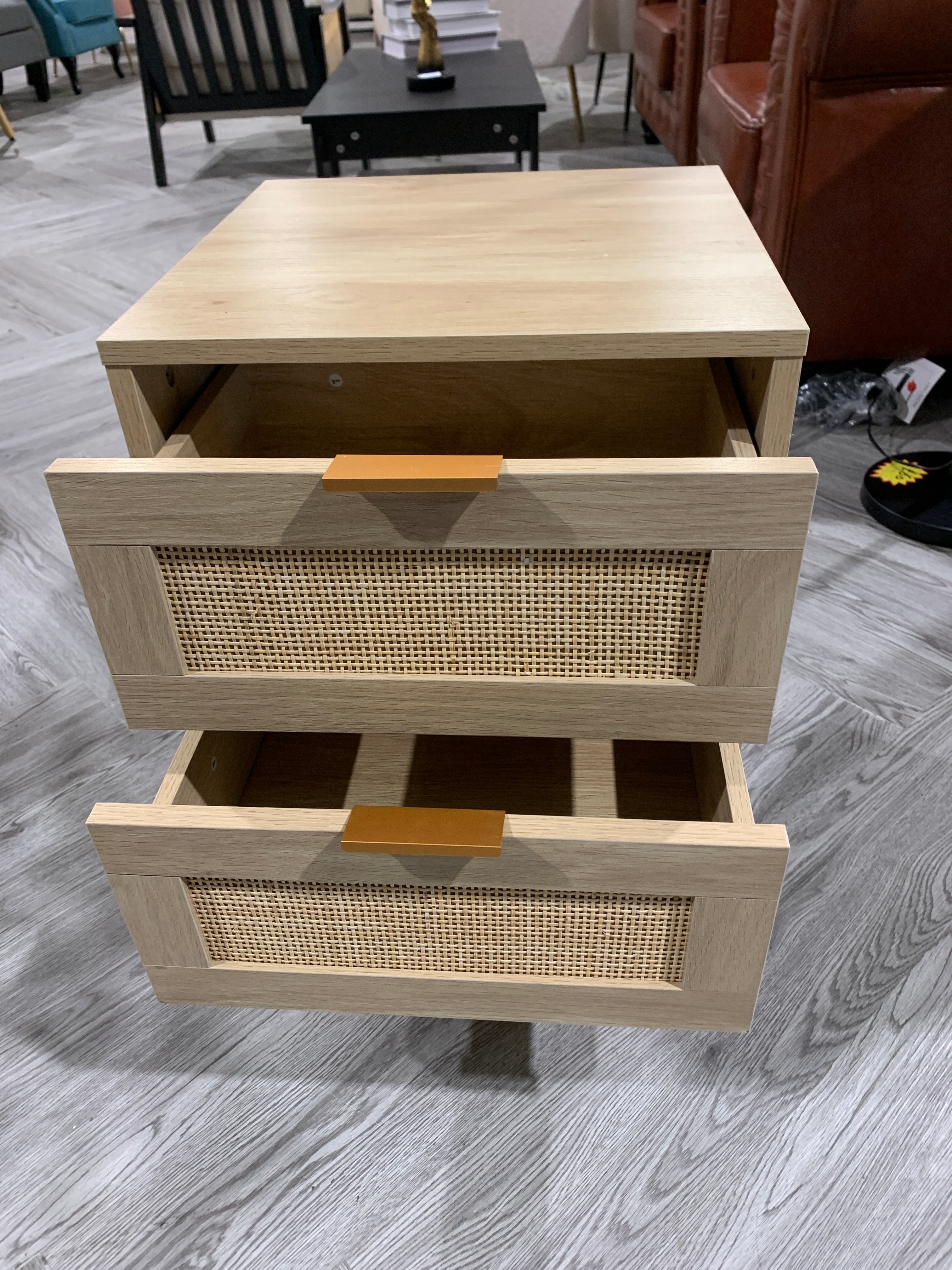 Wood and Rattan Chest of 2 Drawer Bedside Cabinet