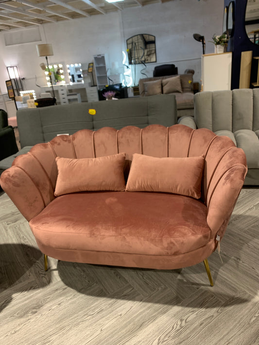 Ash Pink Velvet Upholstered Scalloped Lotus-like 2 Seater Sofa with Metal Legs