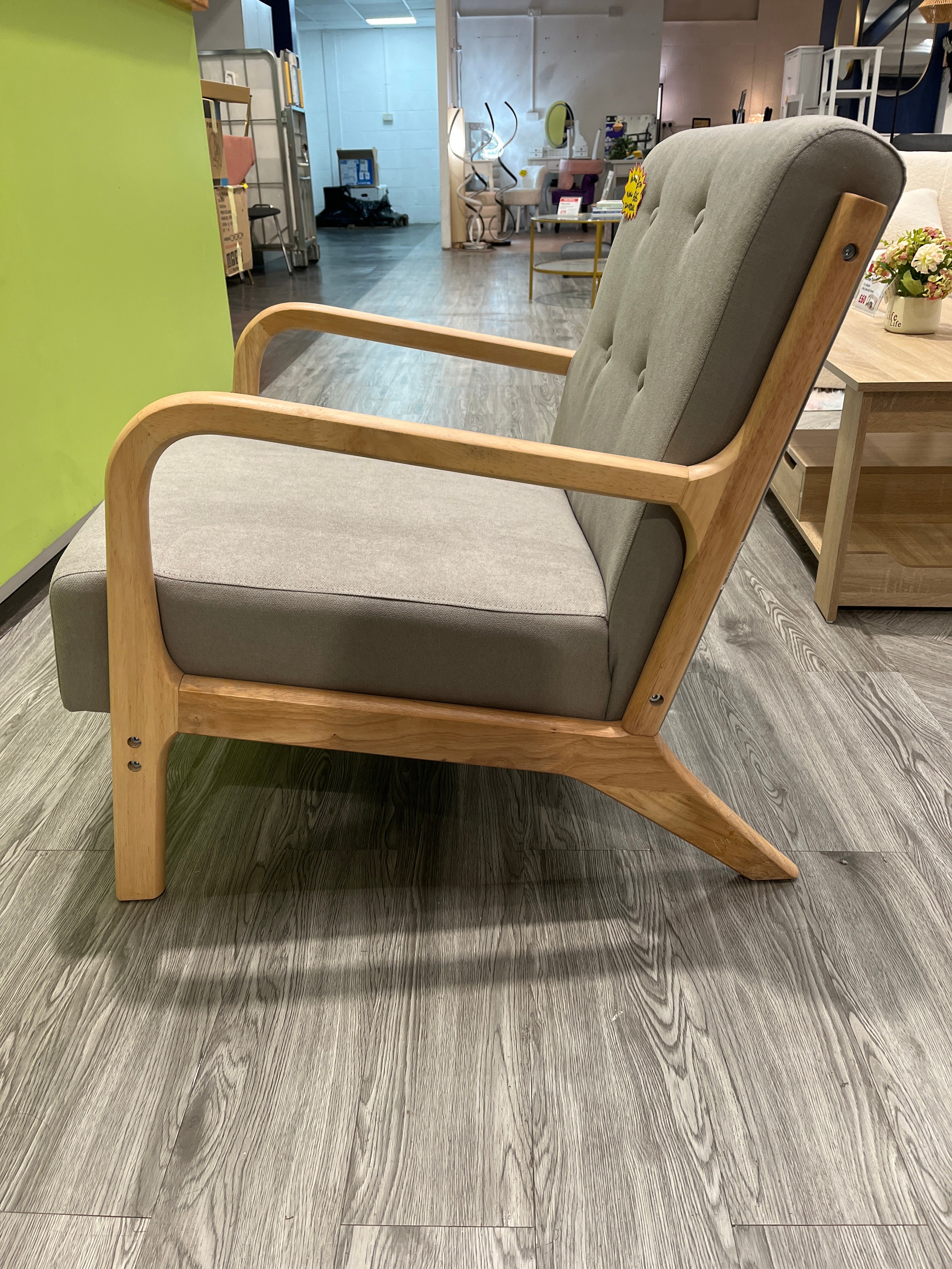 Grey Solid Wooden Frame Upholstered Tufted Armchair