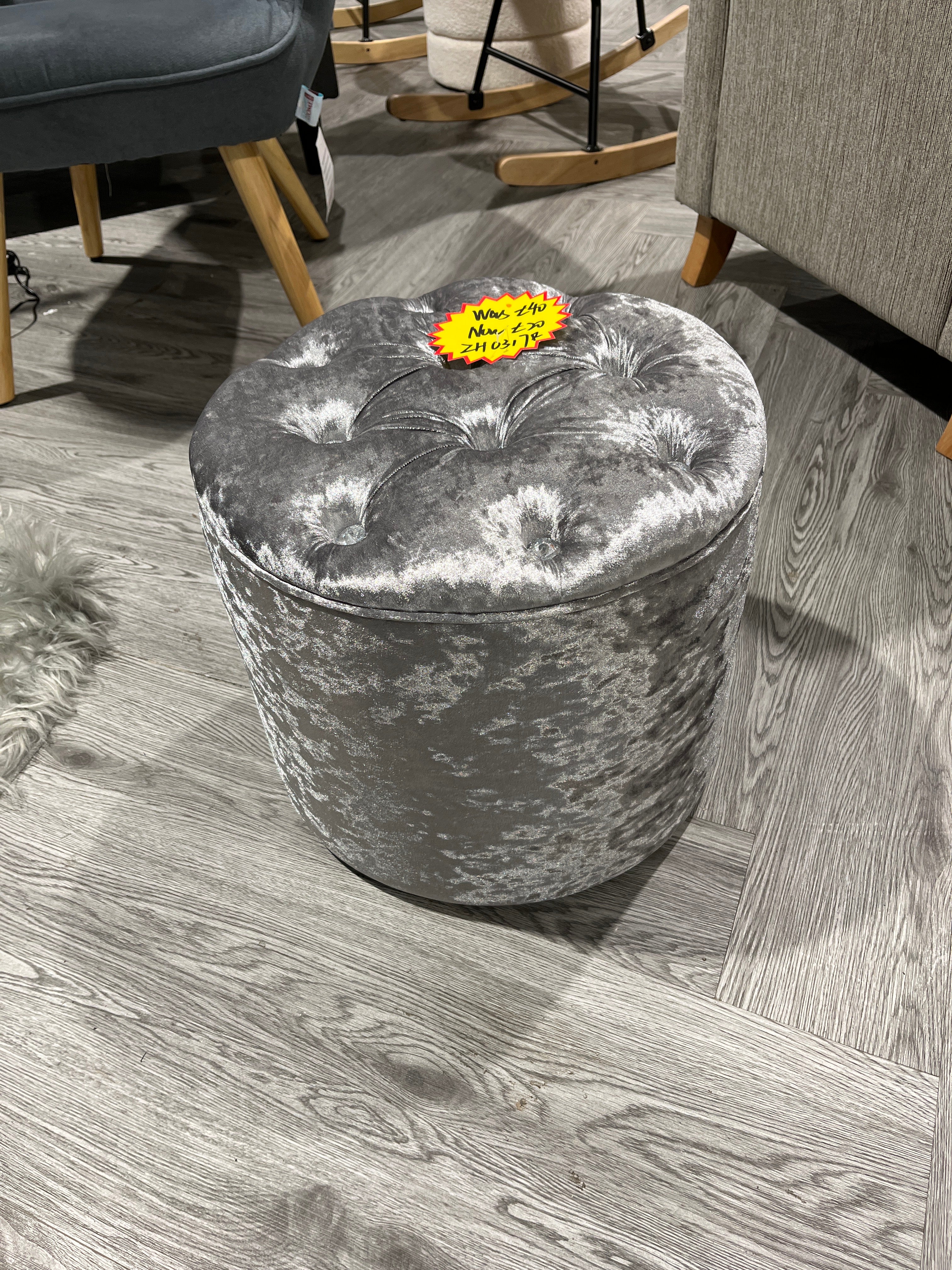 Round Velvet Diamante Buttoned Footstool Silver Grey