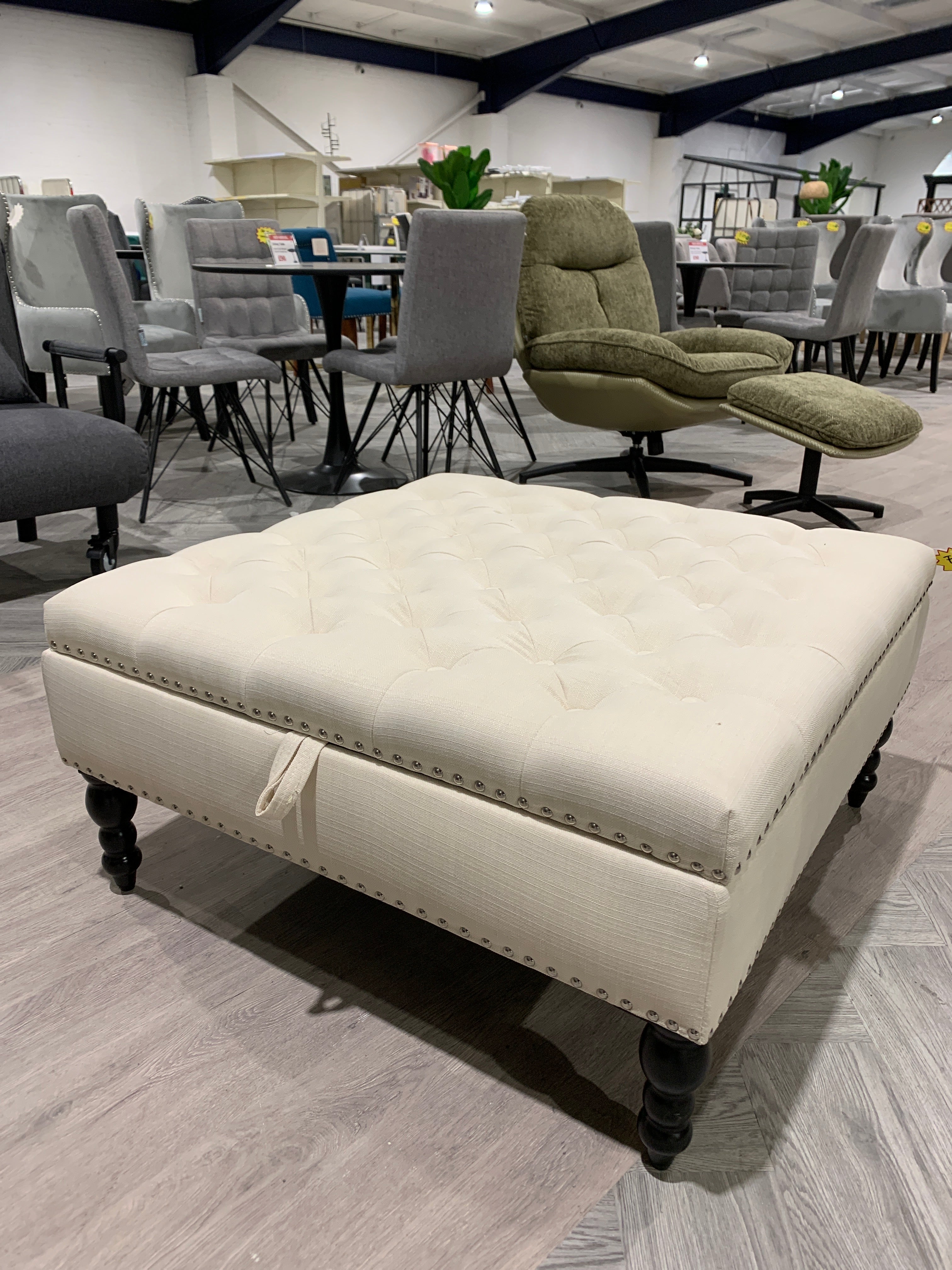 Beige Square Tufted Linen Storage Ottoman