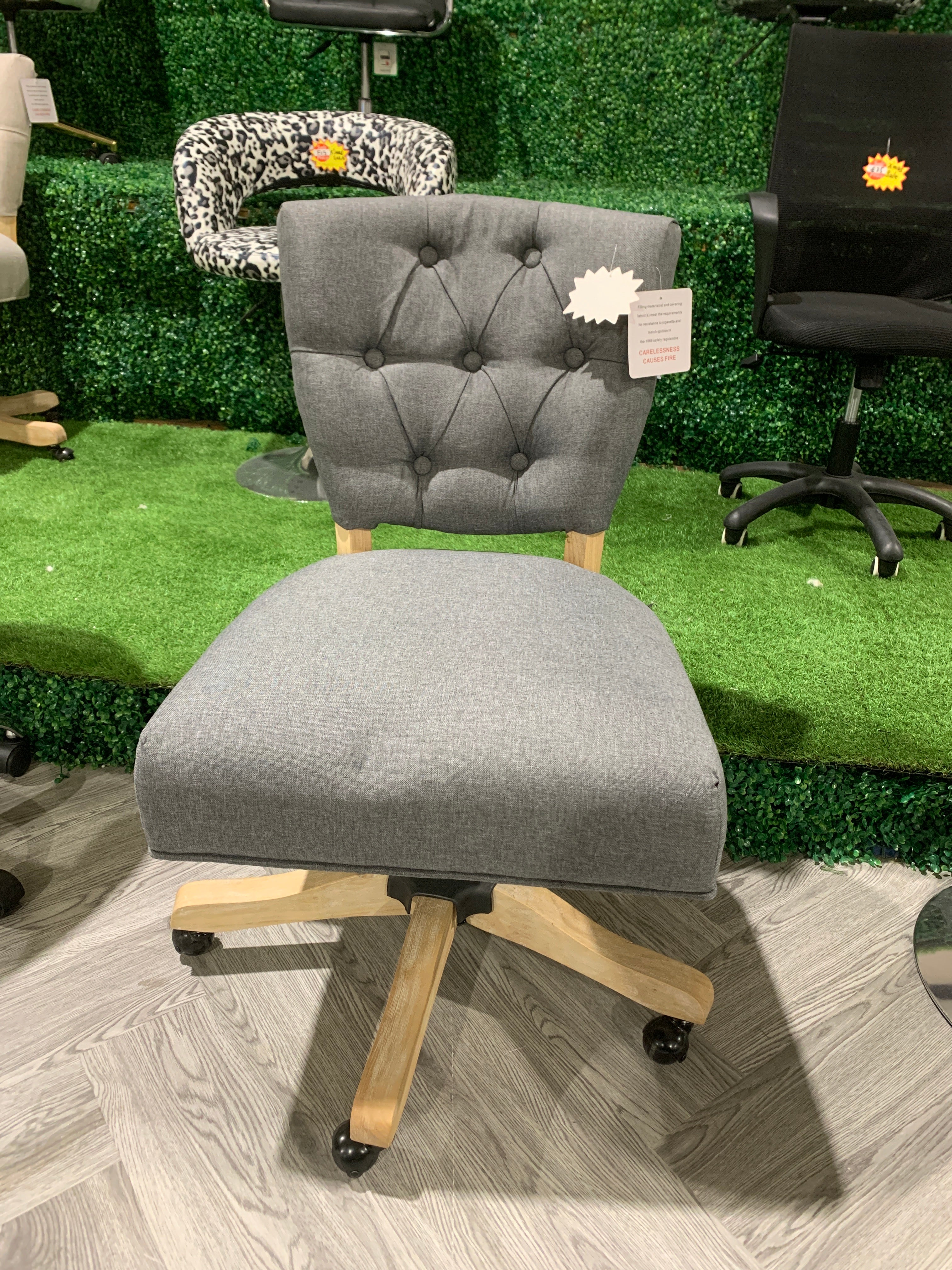 Grey Buttoned Linen Swivel Office Chair with Wooden Base