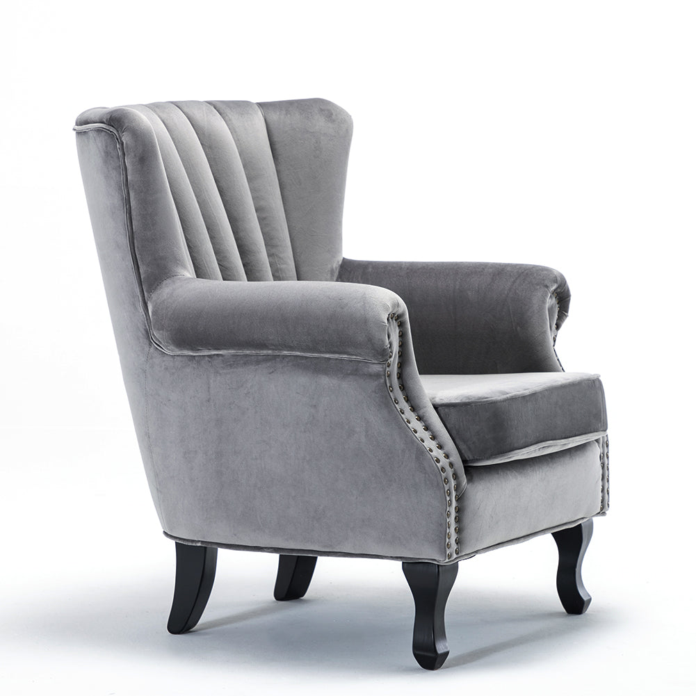 New Grey Vintage Velvet Upholstered Wing Back Armchair with Studs