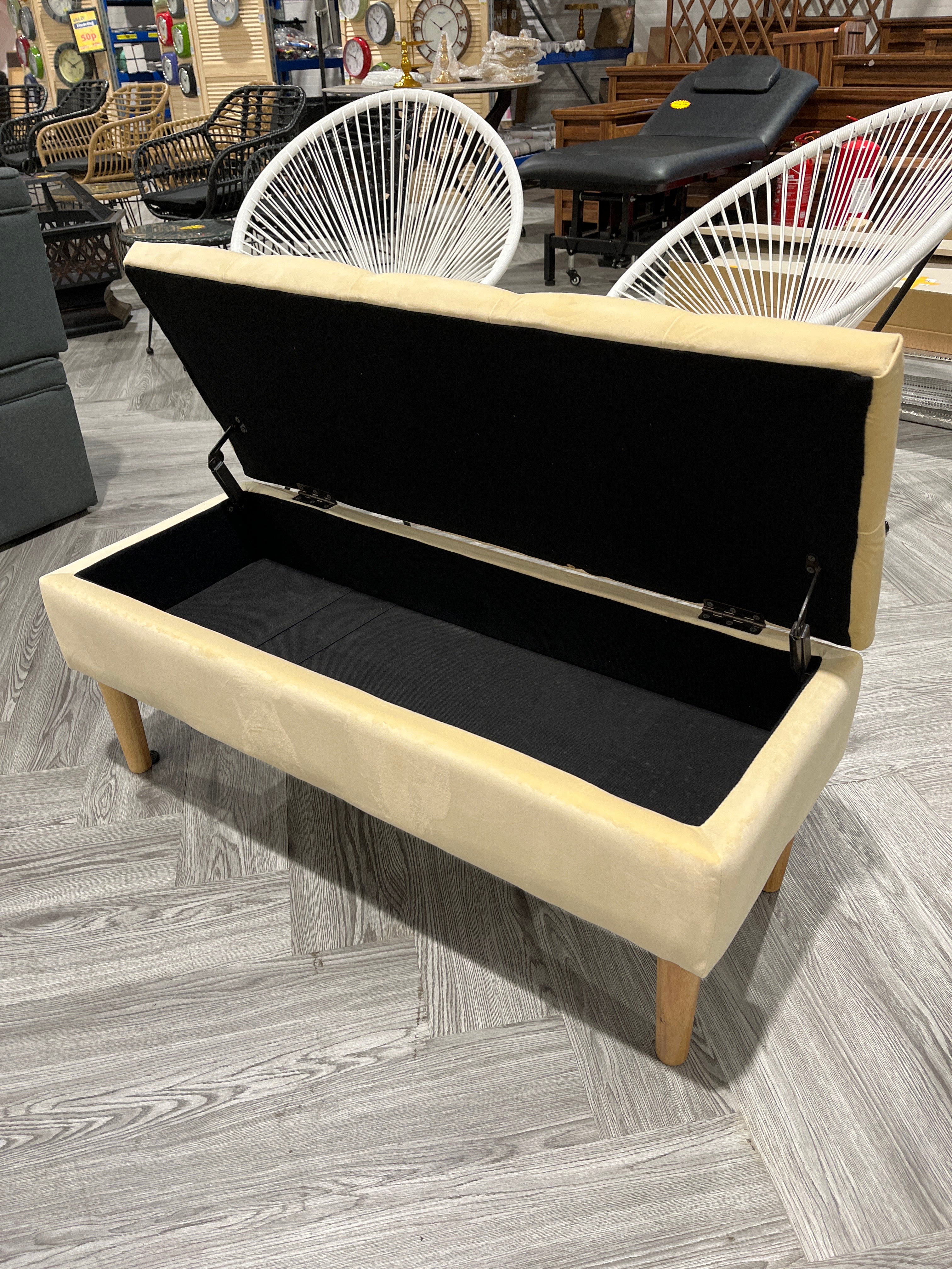 Beige Buttoned Velvet Storage Bench