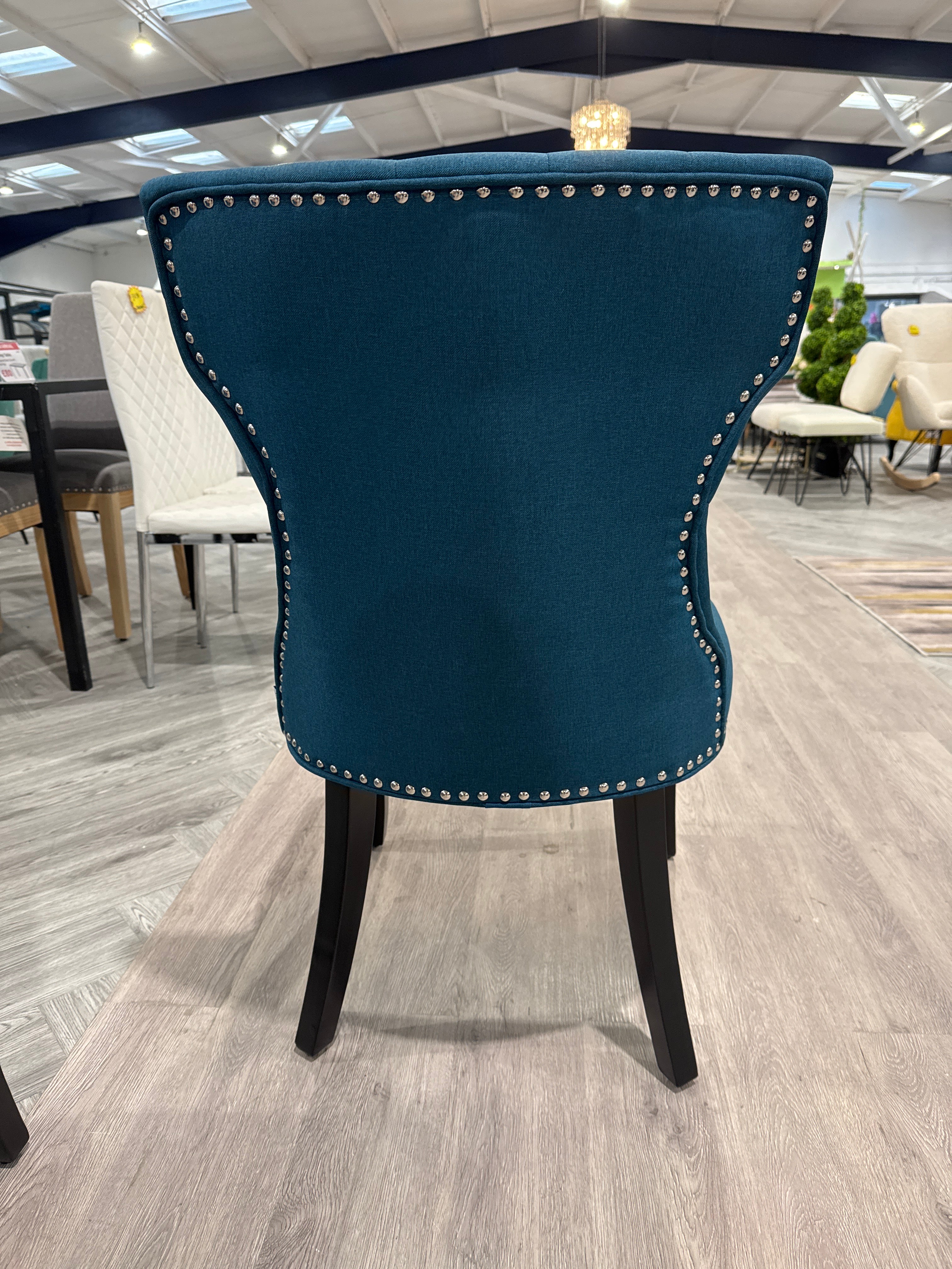 Blue Linen Buttoned Nailhead Trim Dining Chair 1PC