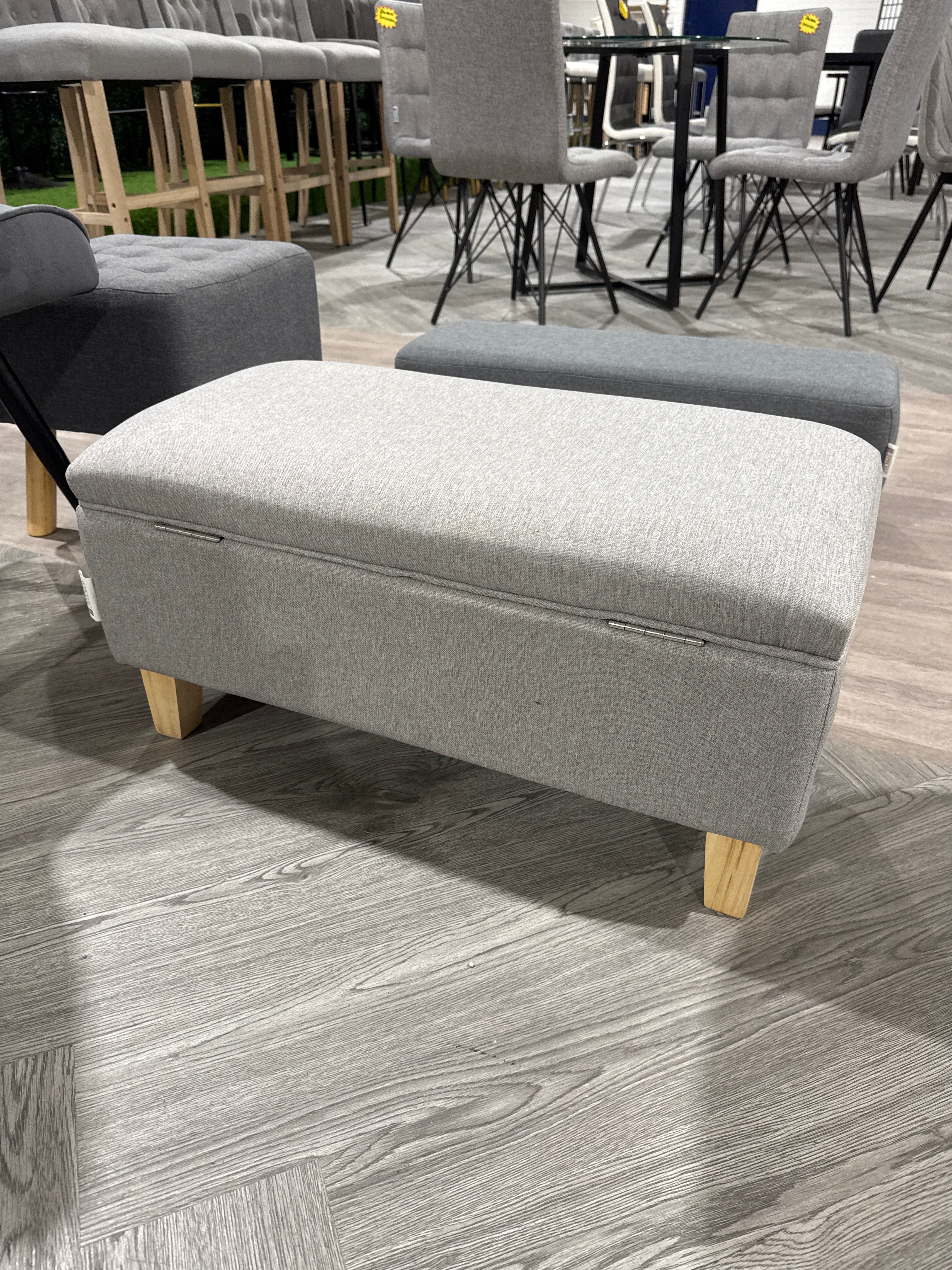 Linen Upholstered Storage Bench Ottoman Footstool Light Grey