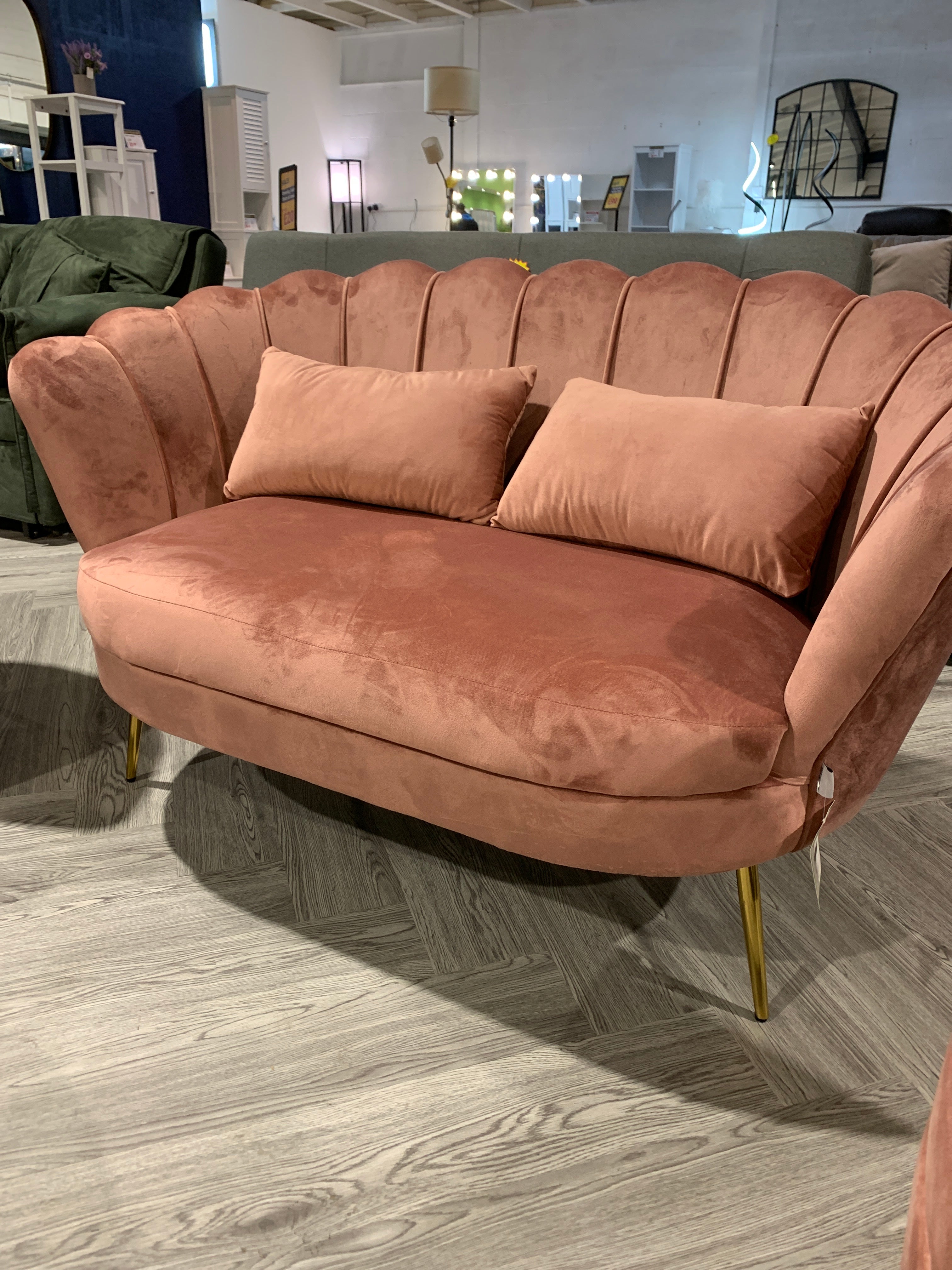 Ash Pink Velvet Upholstered Scalloped Lotus-like 2 Seater Sofa with Metal Legs