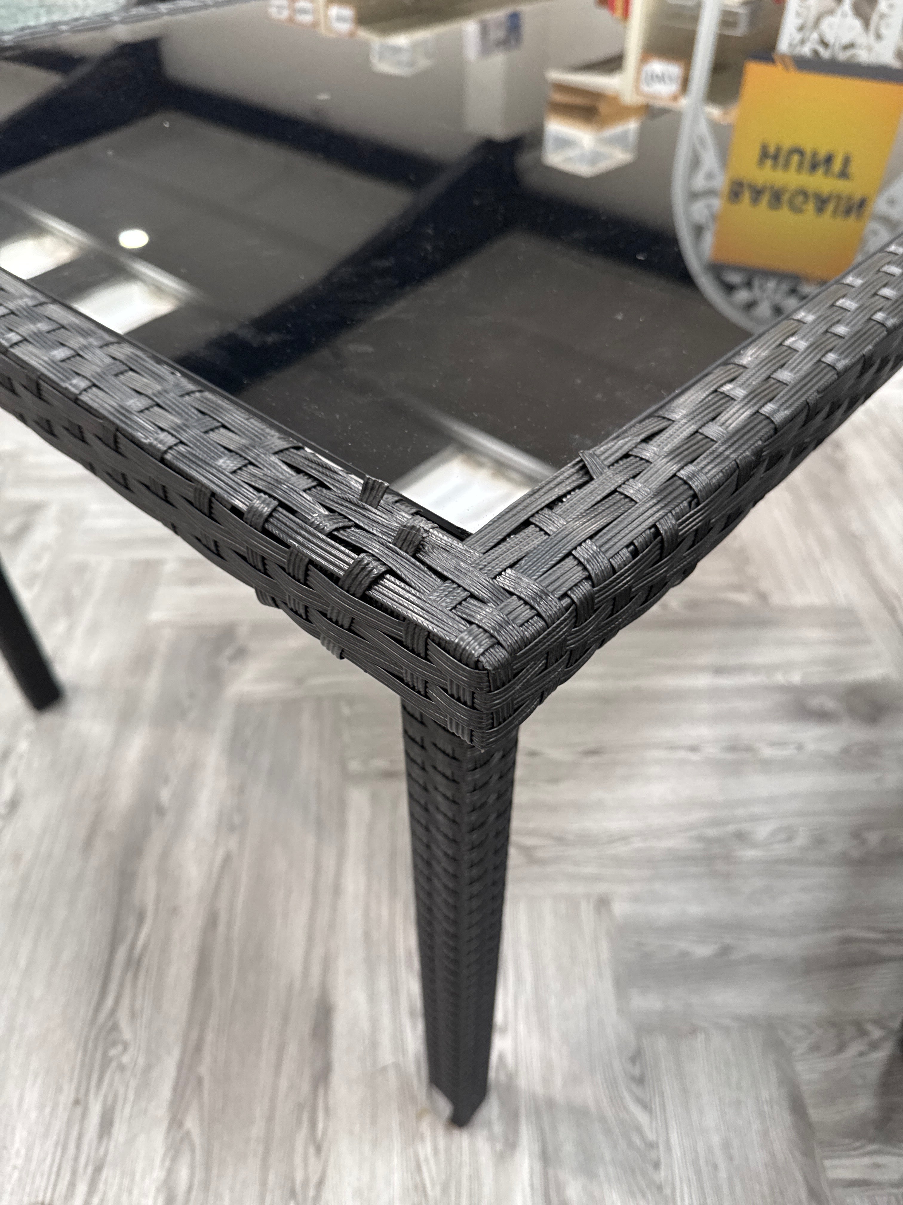 Rustic Rectangle Outdoor Wicker Table with Tempered Glass Tabletop Black