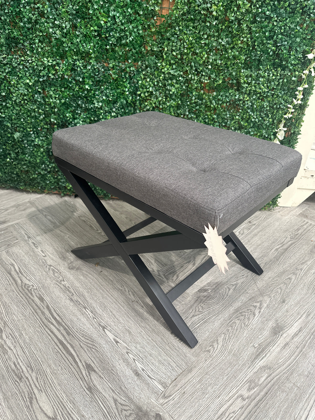 Classic Linen Buttoned Footstool with X-shaped Legs