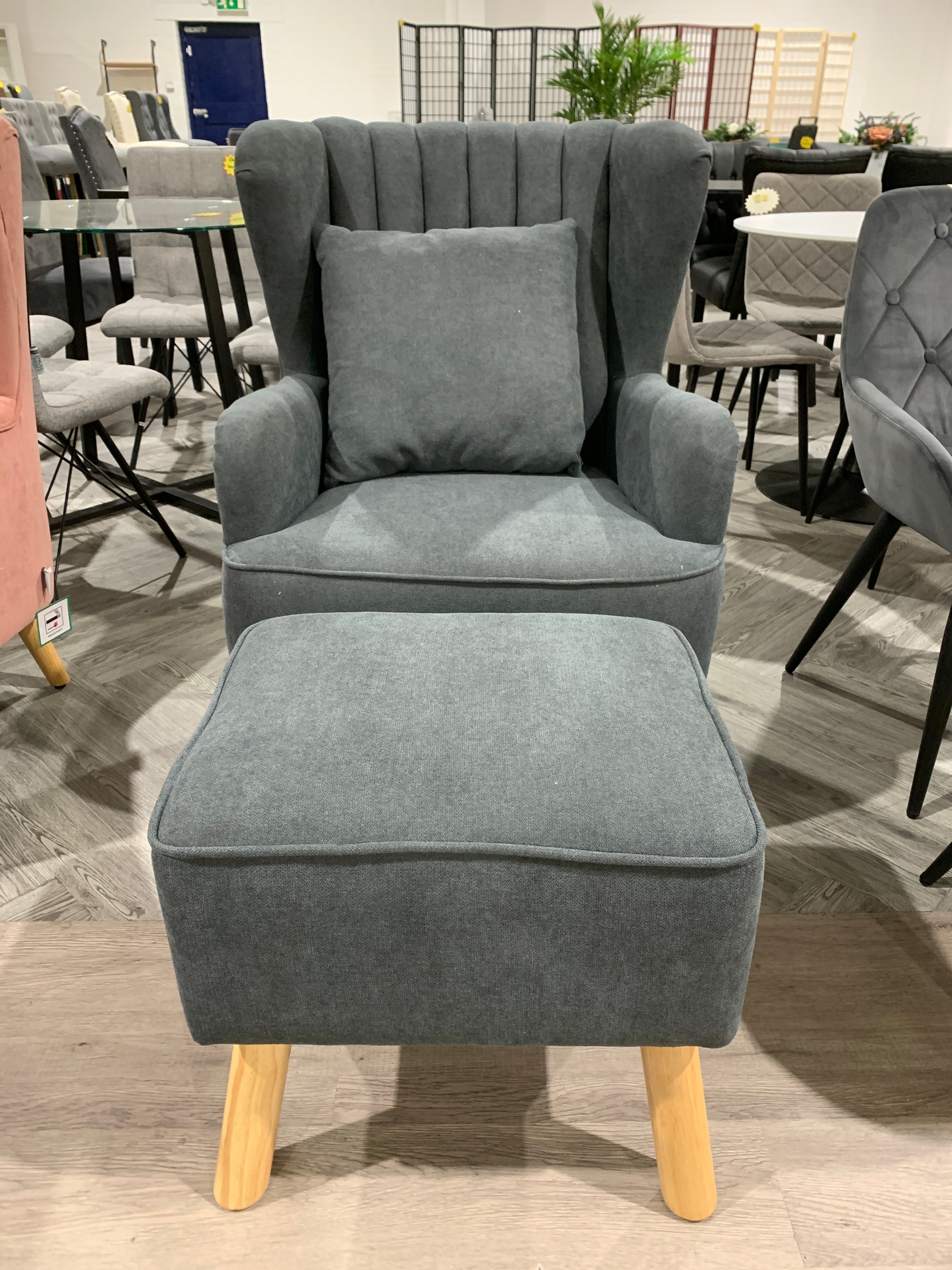 Contemporary Upholstered Wingback Chair and Footstool Set Grey