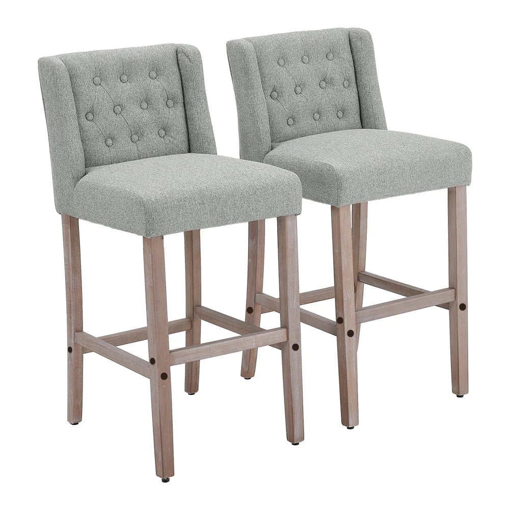 New Rustic Set of 2 Linen Tufted Bar Stools with Wooden Legs Grey