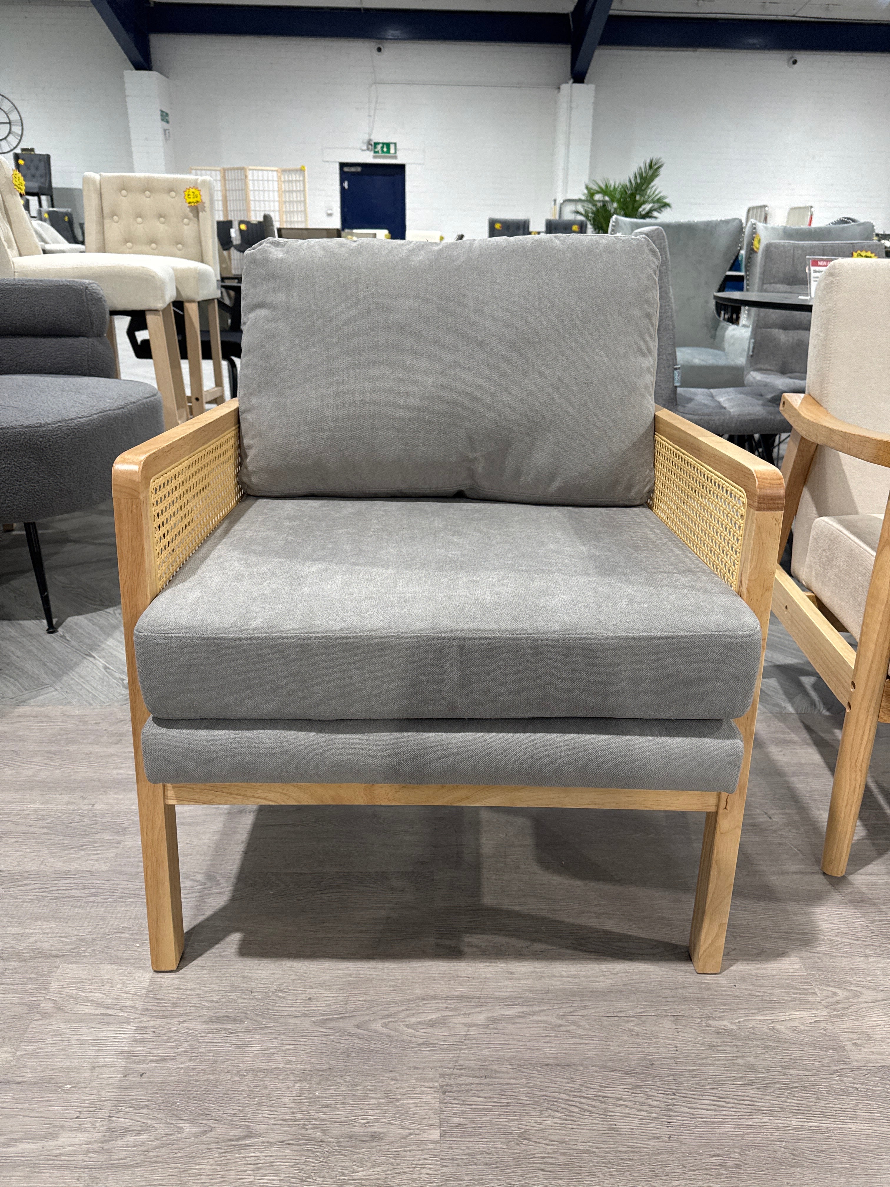 Grey Cushioned Wooden Armchair