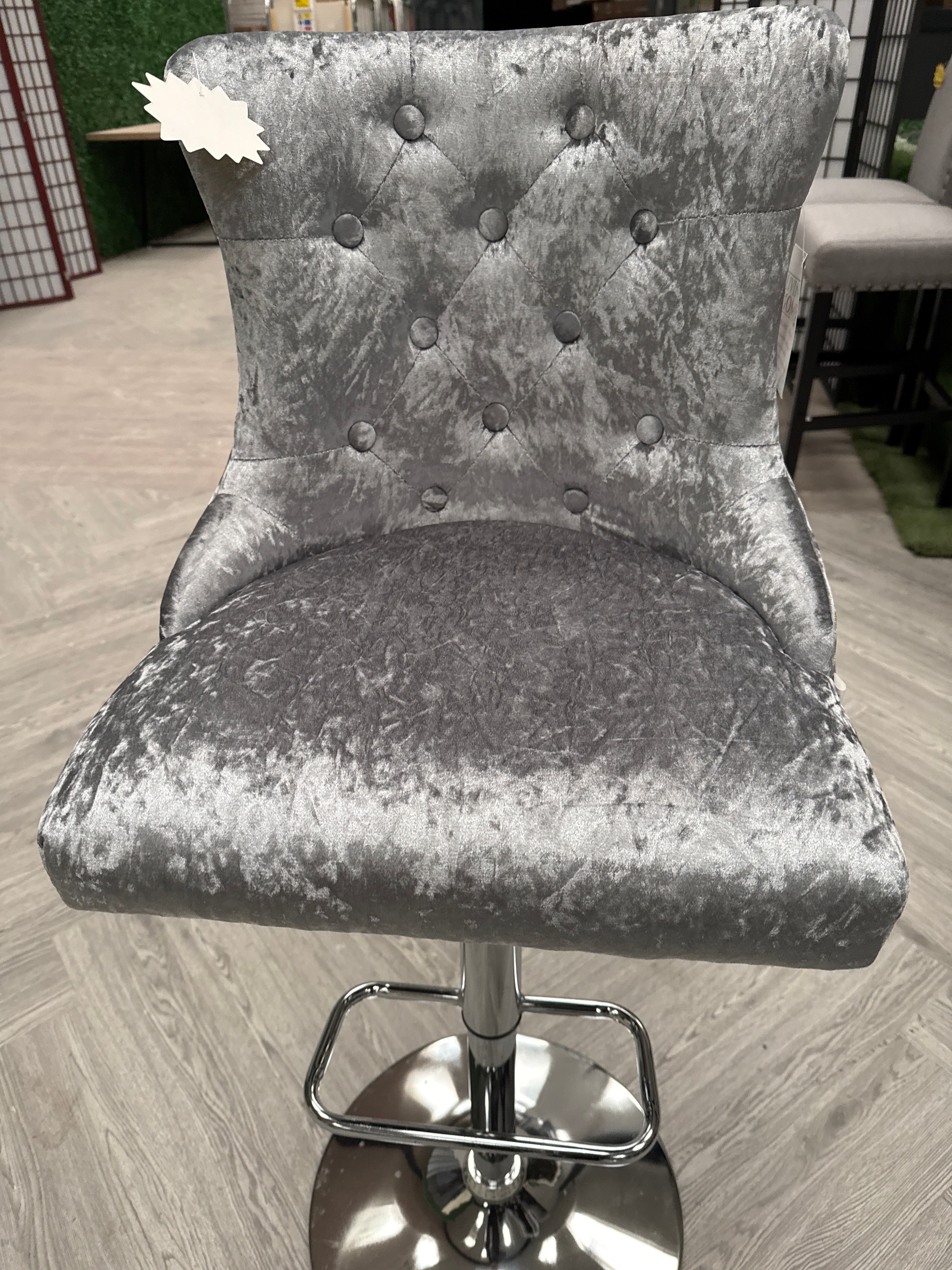 Silver Grey Velvet Upholstered Adjustable Bar Stool with Button Seat Back 1pc