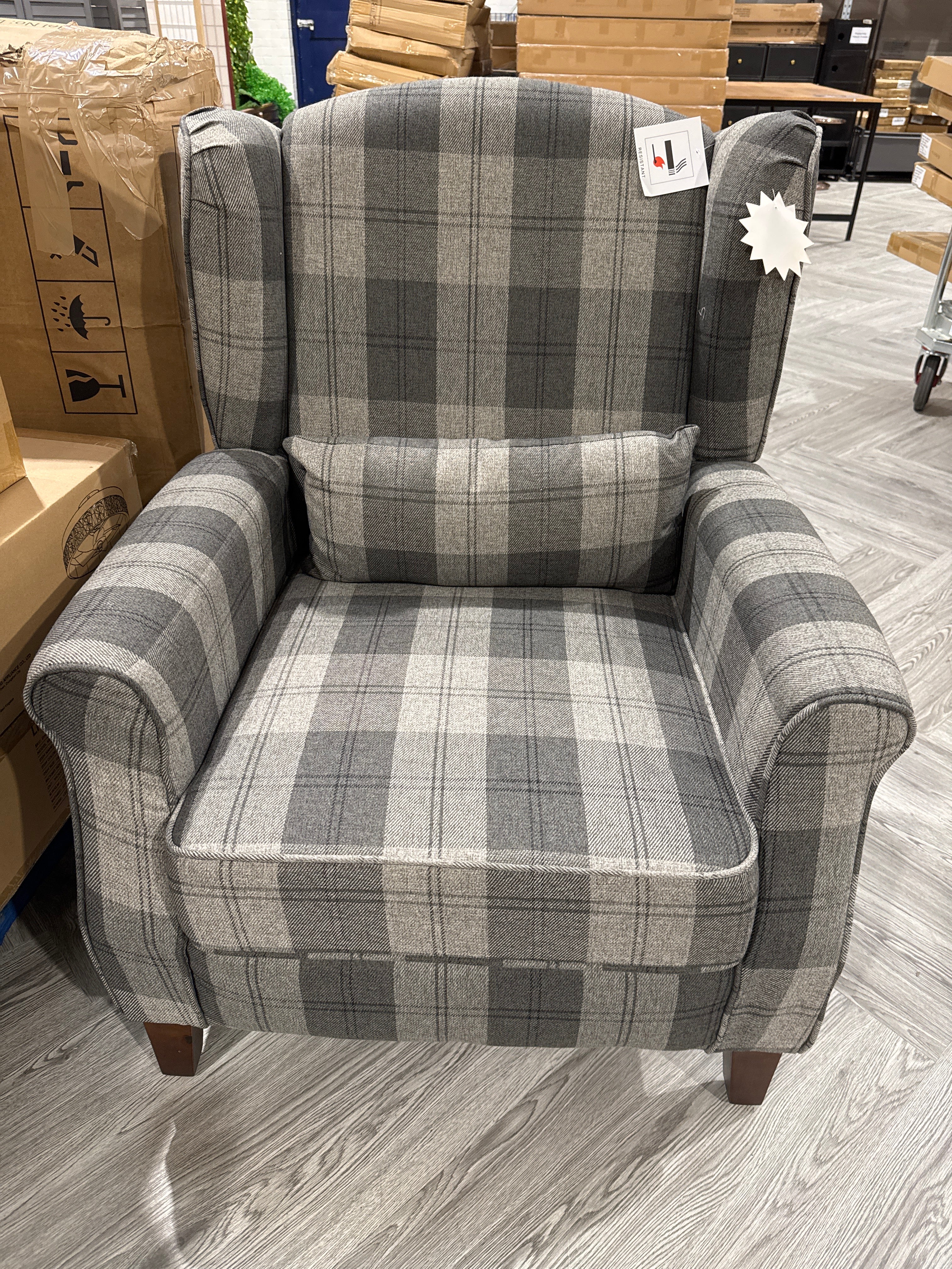 Tartan Armchair Tub Chair with Wooden Legs Grey
