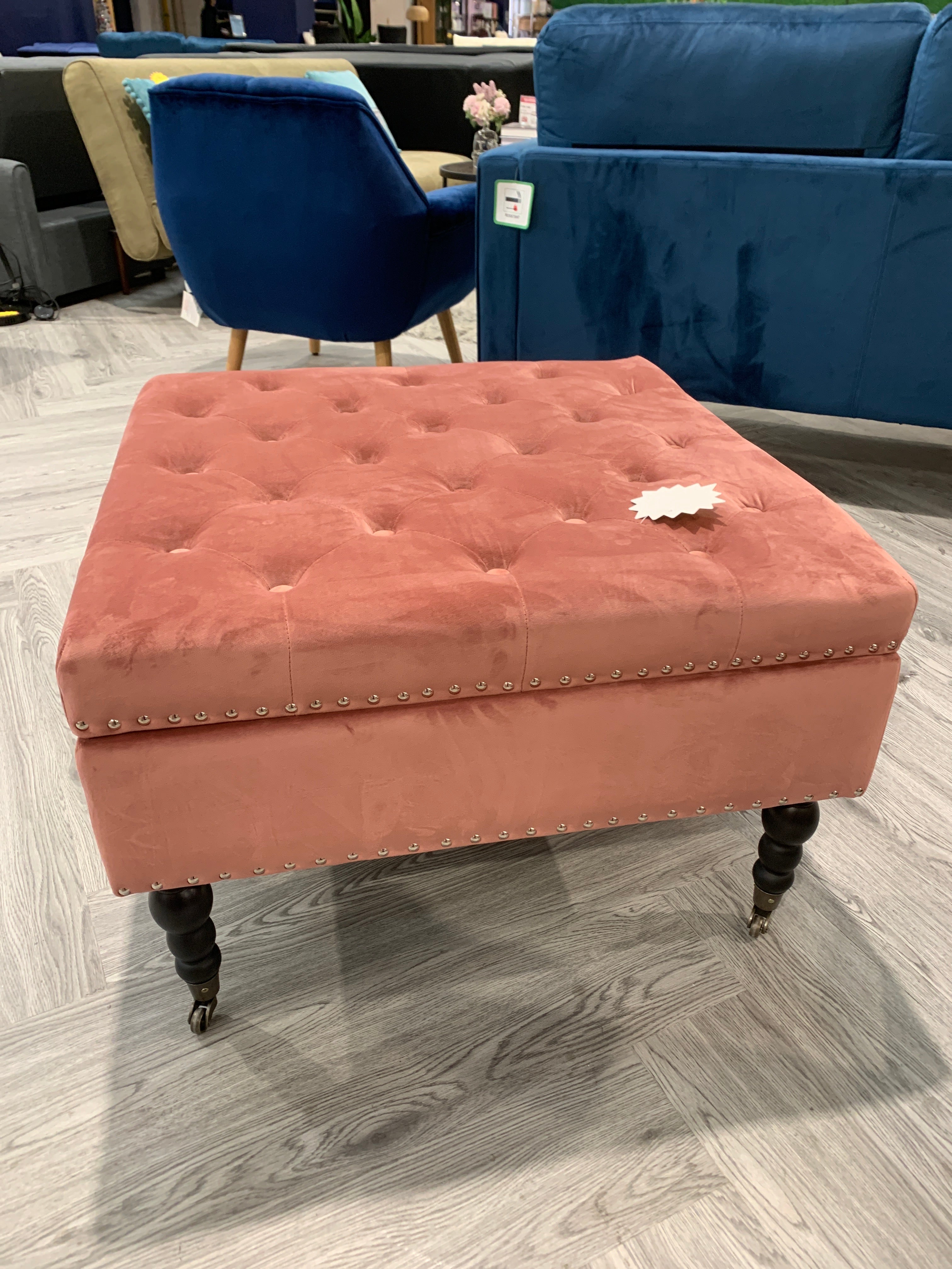 Ash Pink Square Velvet Storage Ottoman with Wheels