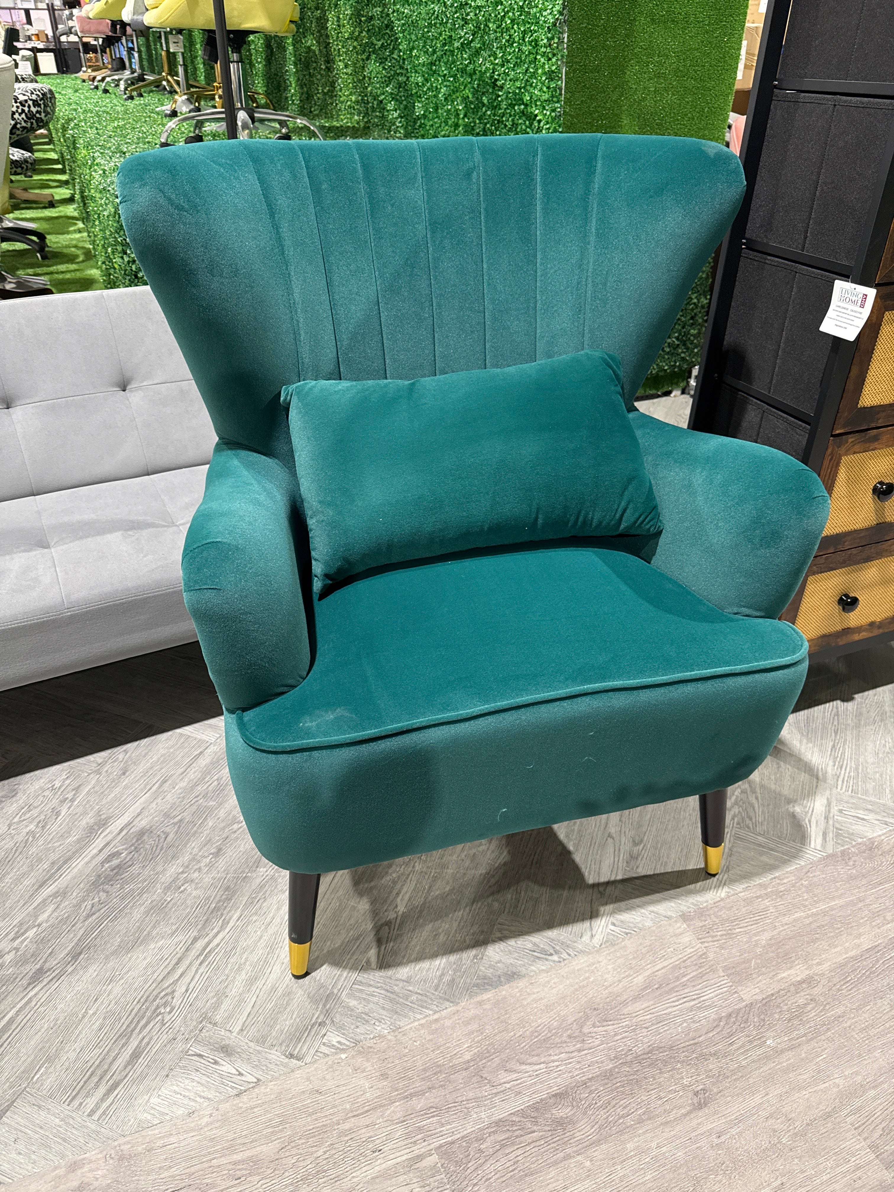 Green Leisure Velvet Tufted Armchair Metallic Legs with Lumbar Pillow