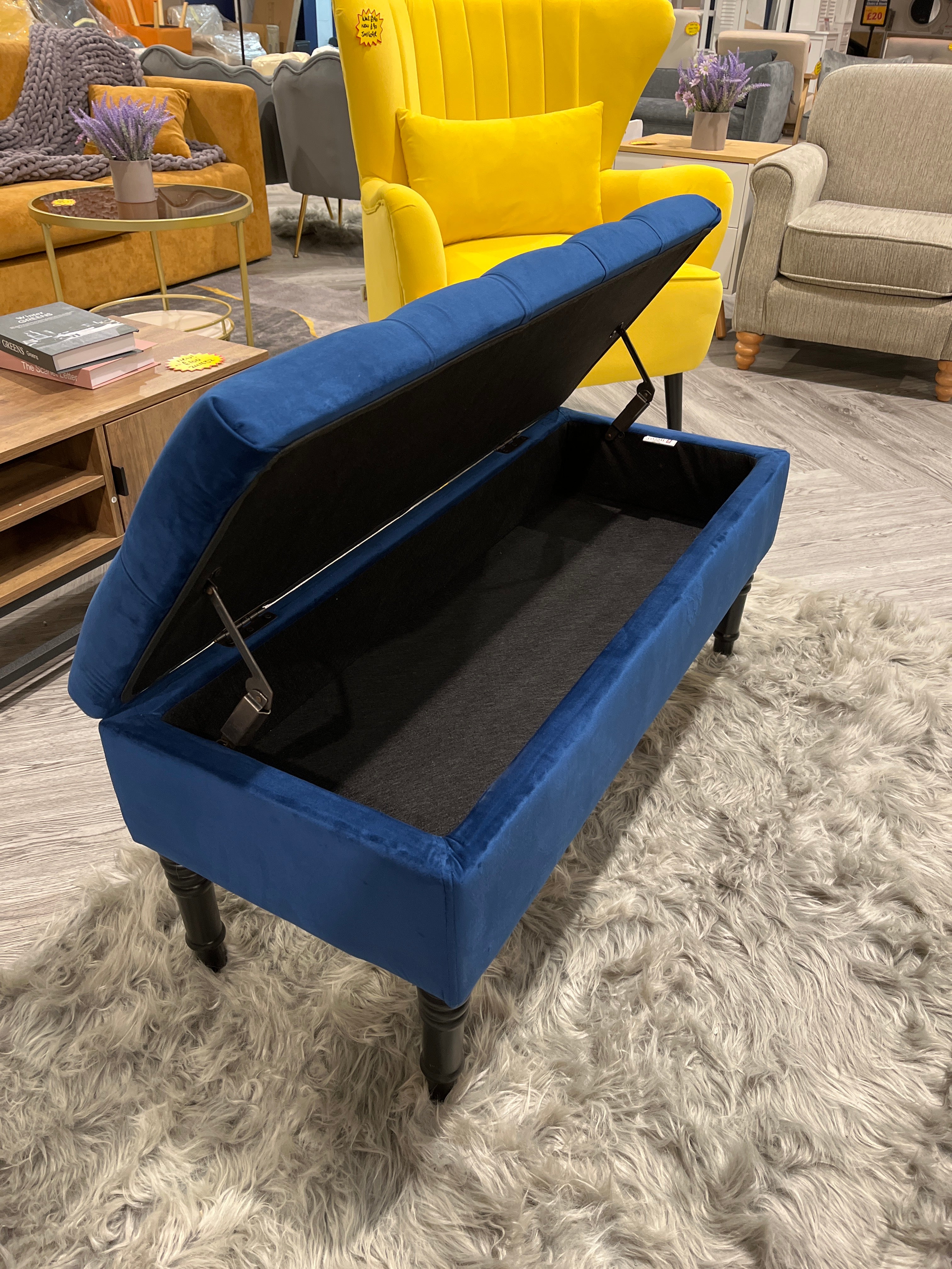 Blue Buttoned Velvet Storage Bench