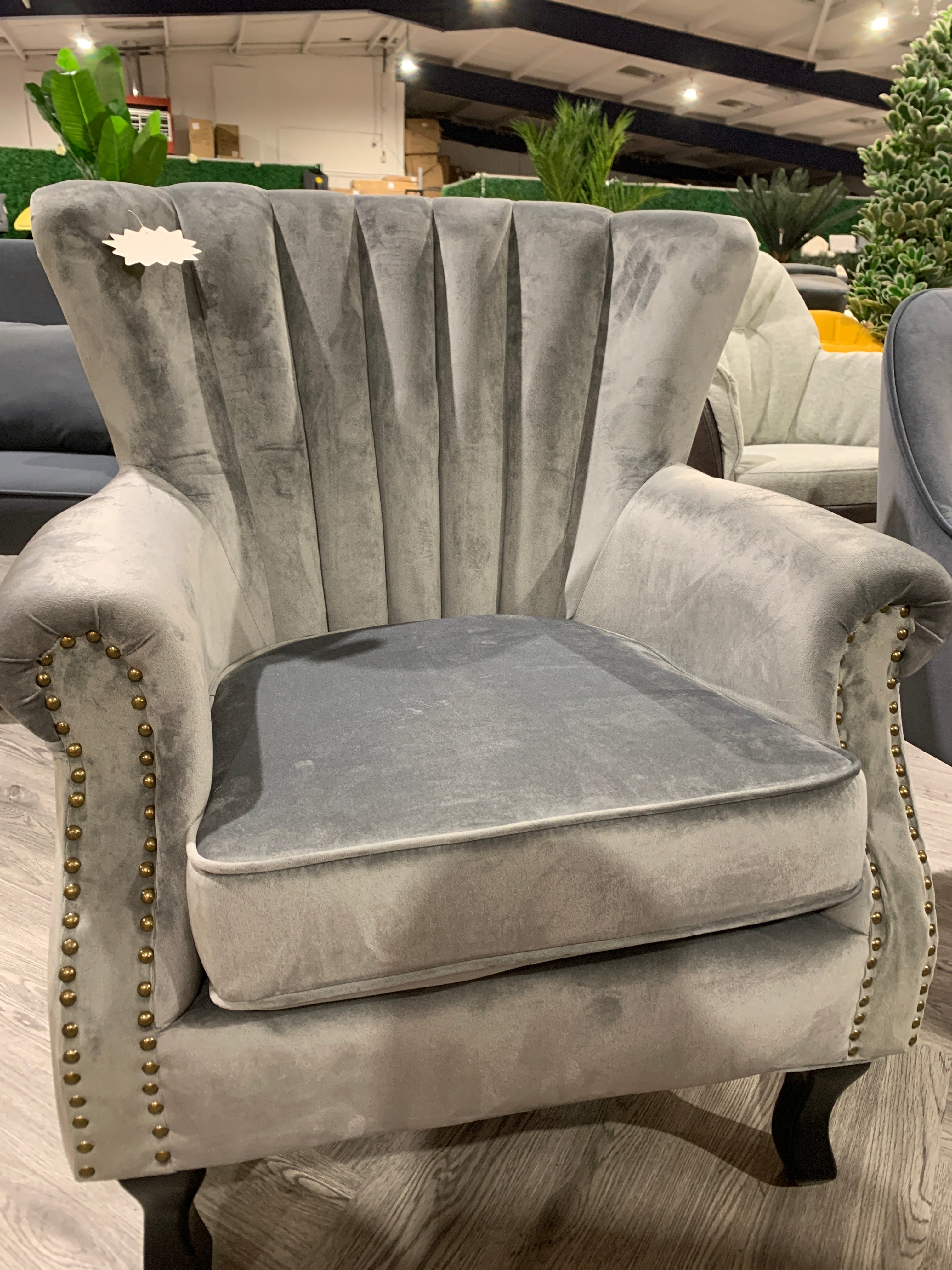 Grey Velvet Channel Armchair with Black Legs