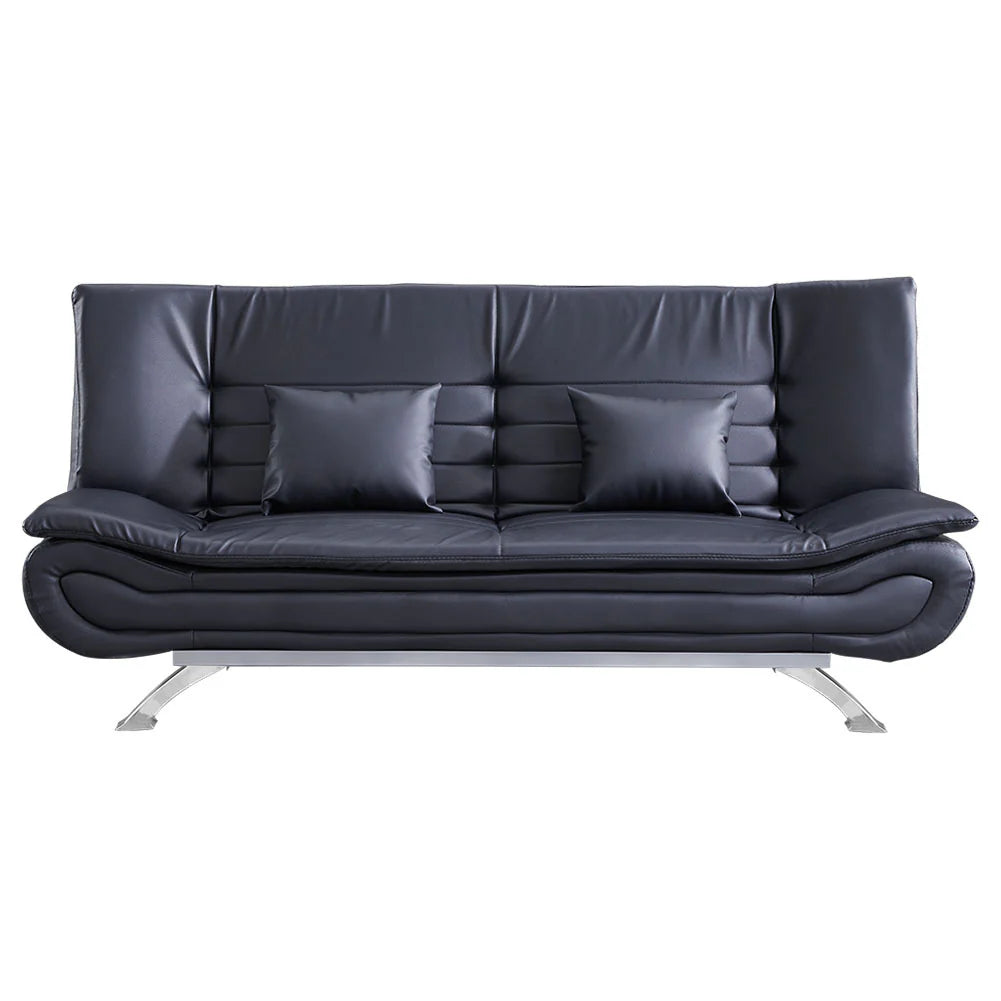 Black PU Leather 2-Seat Convertible Sofa Bed with Pillows