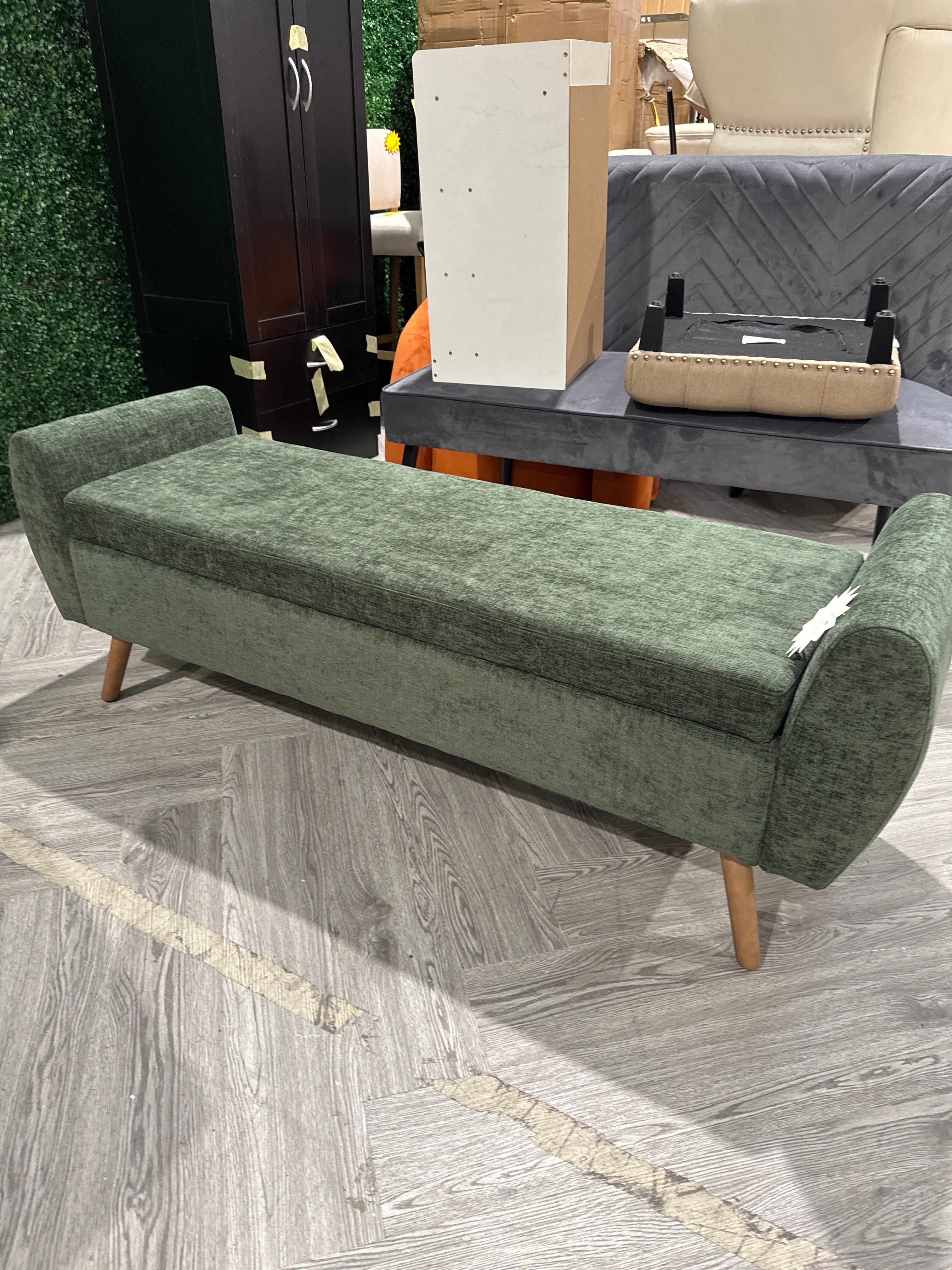Chenille Upholstered Storage Bench with Wooden Legs Green