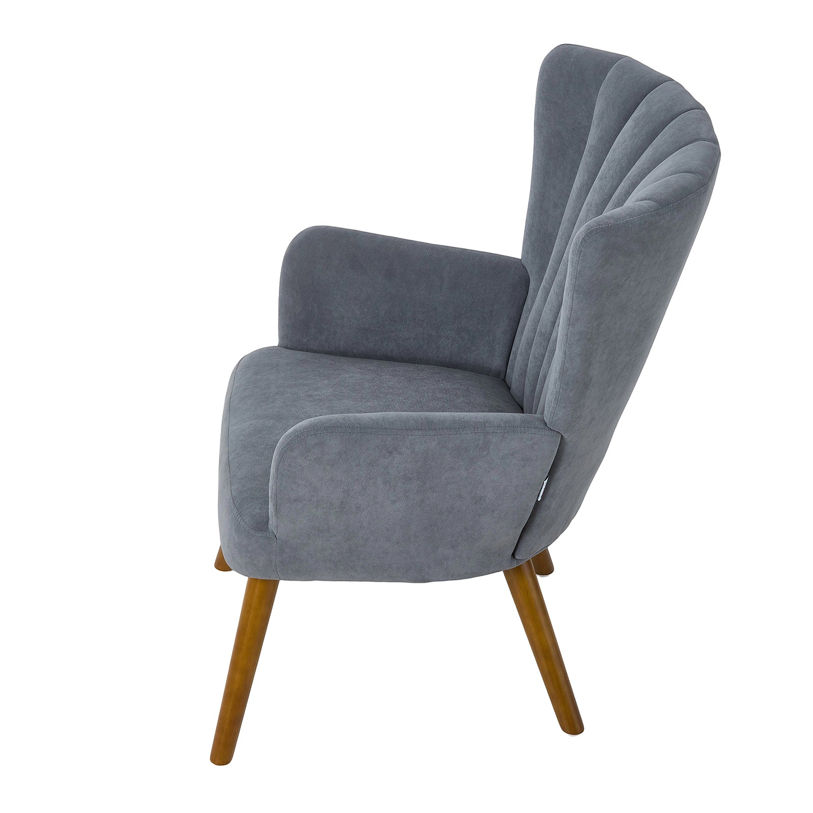 New Velvet Upholstered Channel Wingback Armchair with Wooden Legs Grey