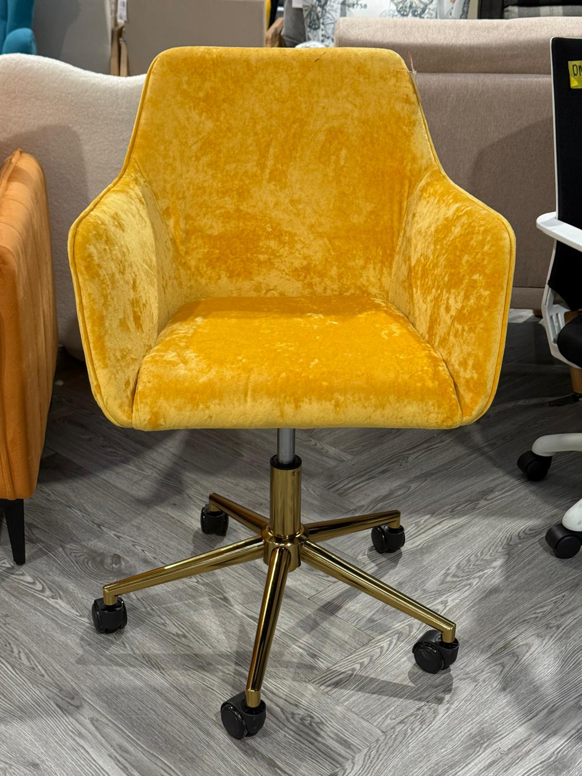 Yellow Velvet Upholstered Home Office Swivel Task Chair with Gold Base
