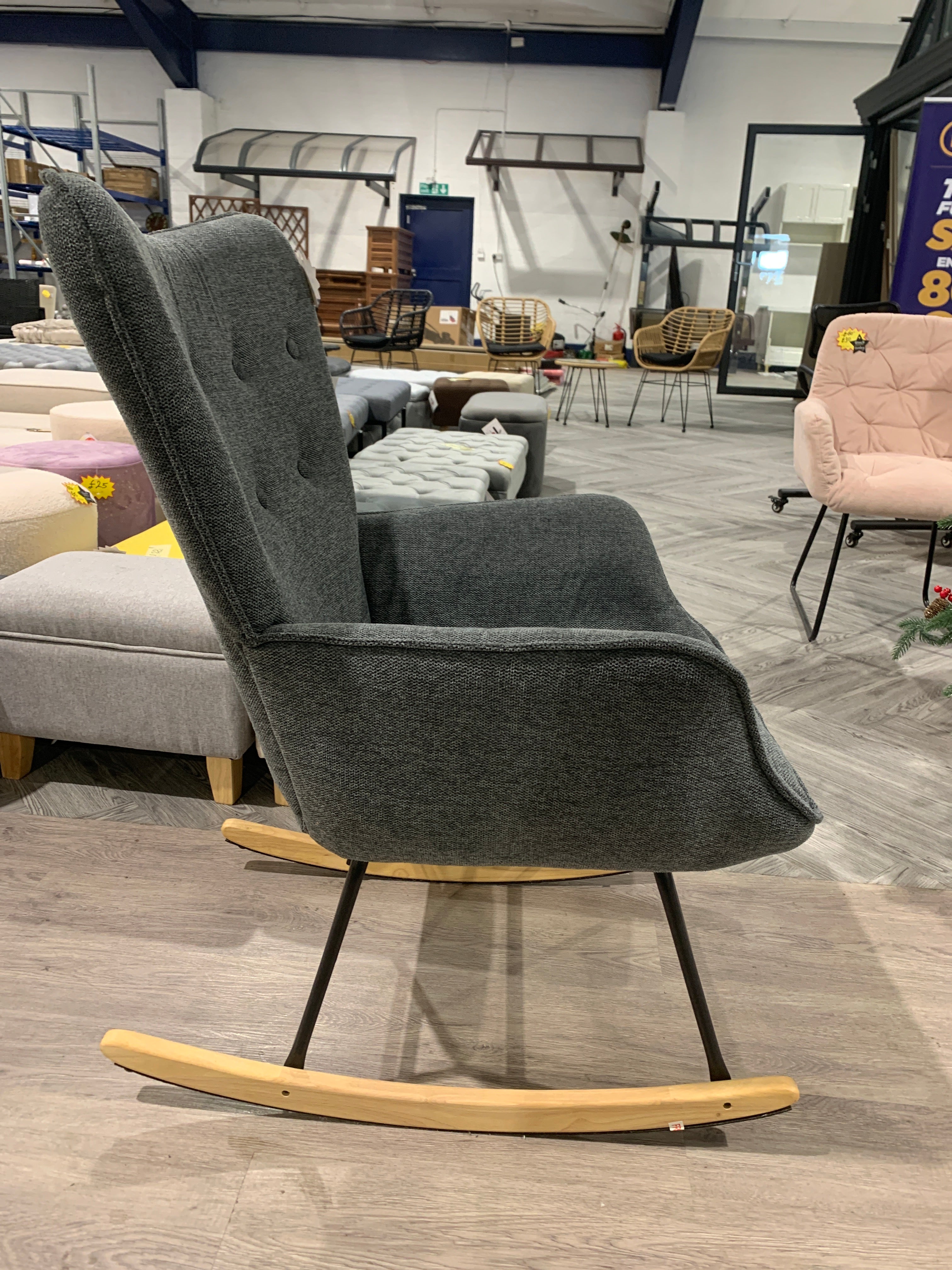 Grey Linen Upholstered Buttoned Rocking Chair